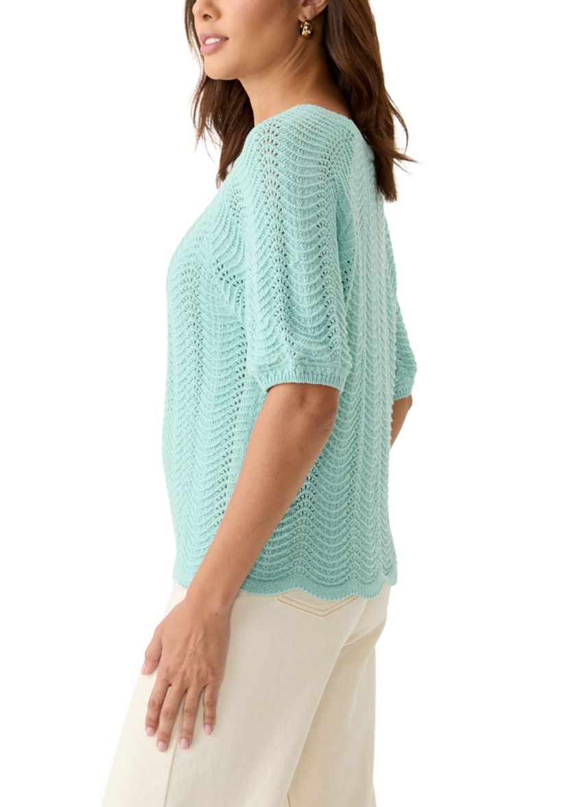 Womens Elbow Sleeve Boat Neck Pointelle Sweater