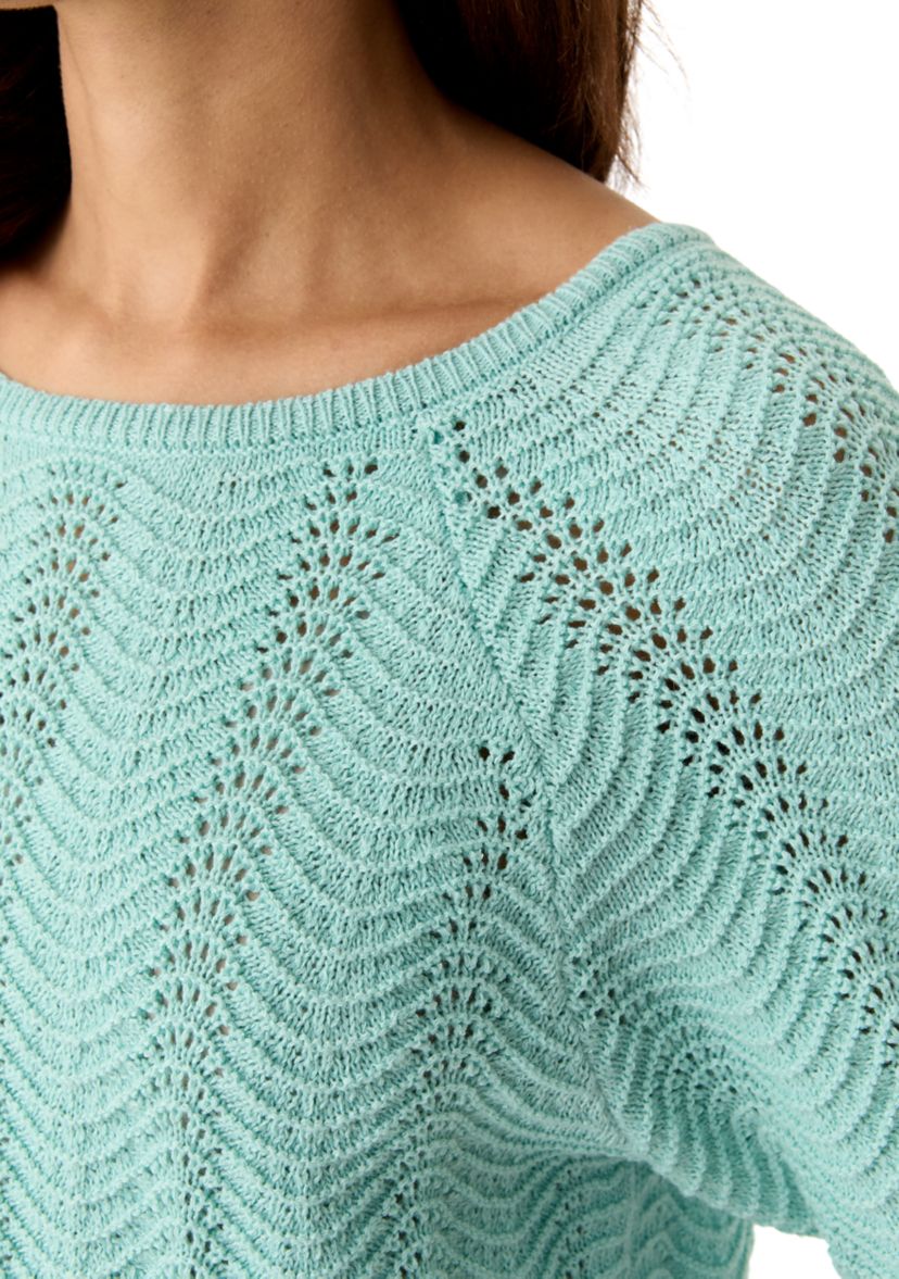Womens Elbow Sleeve Boat Neck Pointelle Sweater