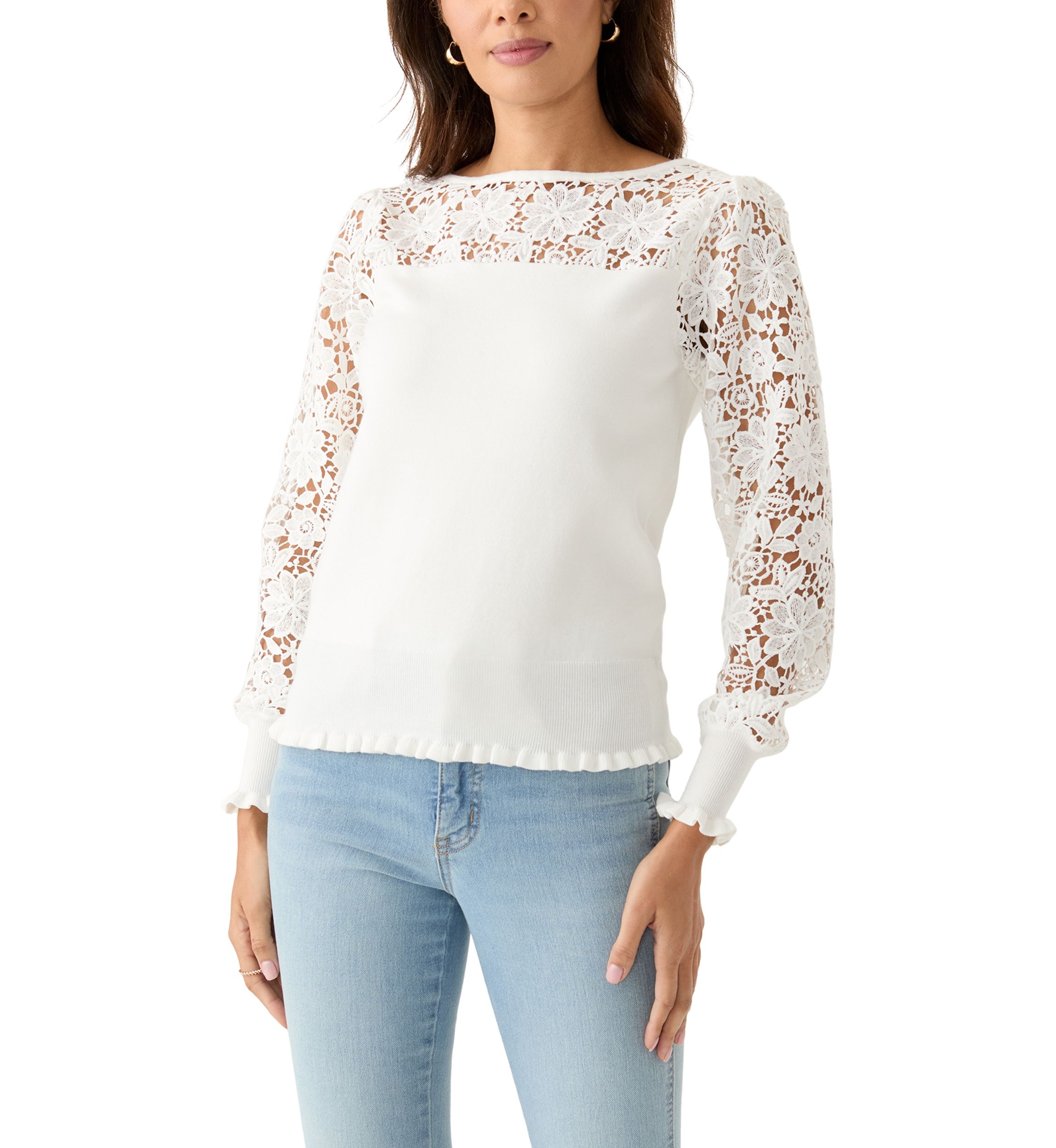 Womens Long Sleeve Boat Neck Crochet Sweater