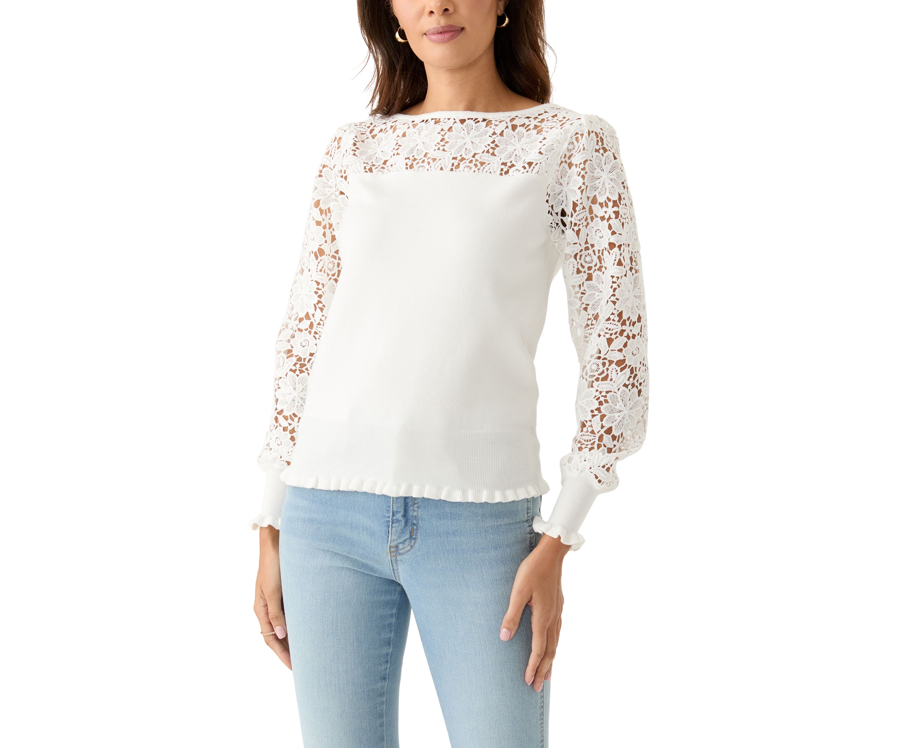Womens Long Sleeve Boat Neck Crochet Sweater