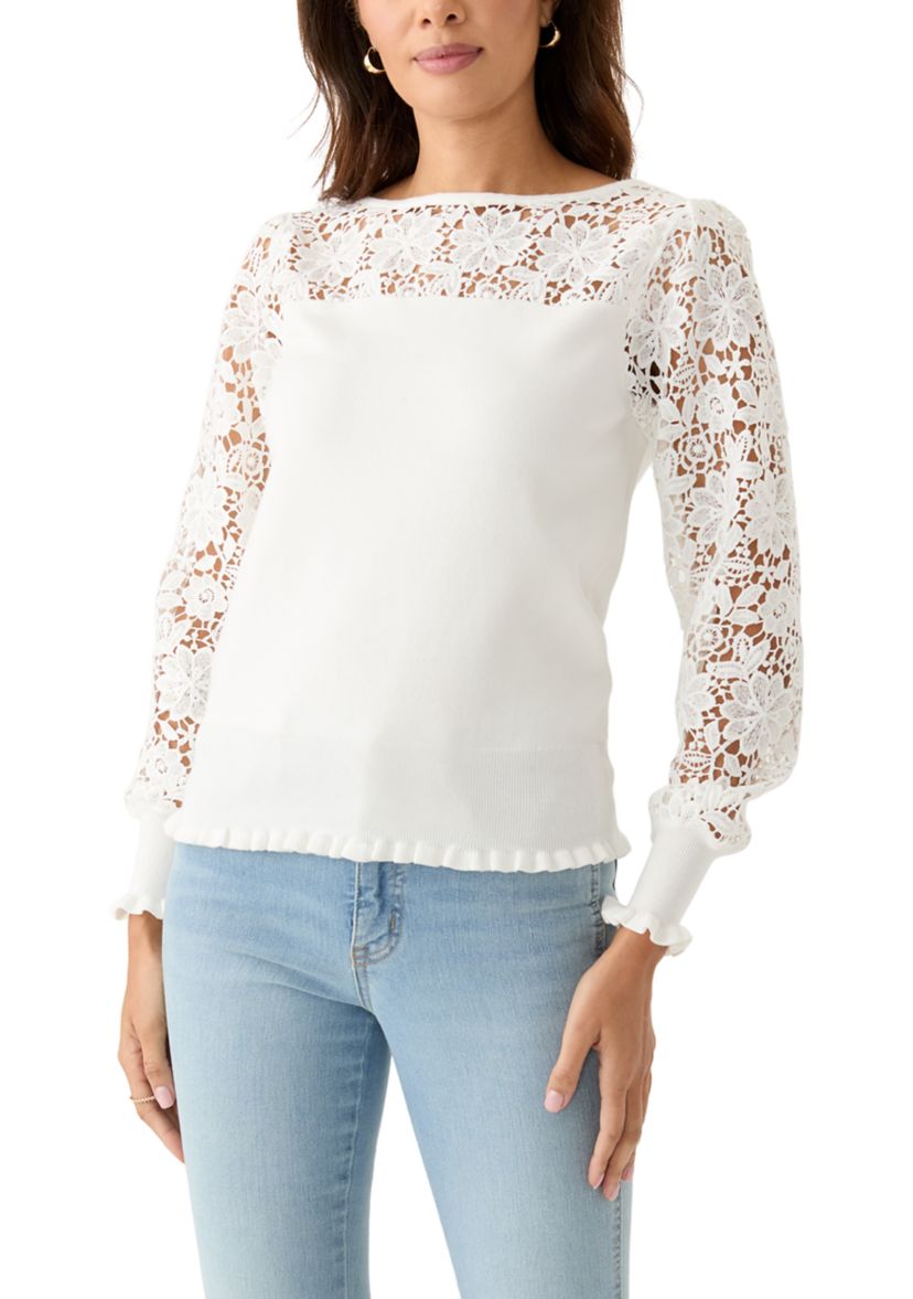 Womens Long Sleeve Boat Neck Crochet Sweater