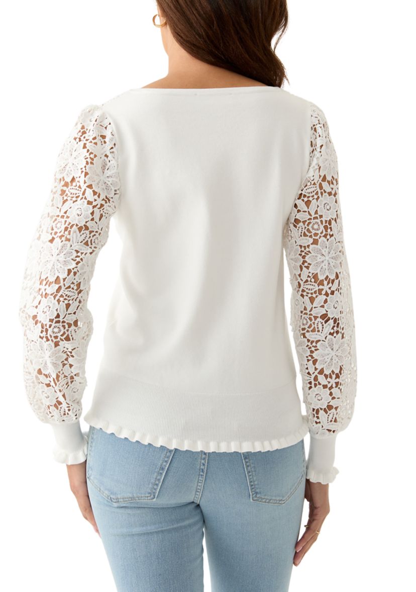 Womens Long Sleeve Boat Neck Crochet Sweater