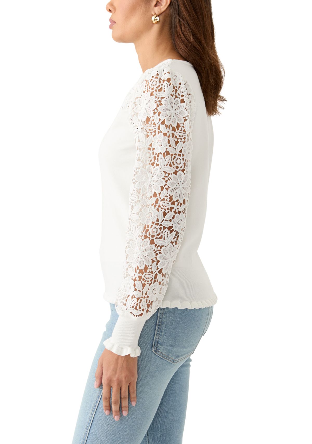 Womens Long Sleeve Boat Neck Crochet Sweater