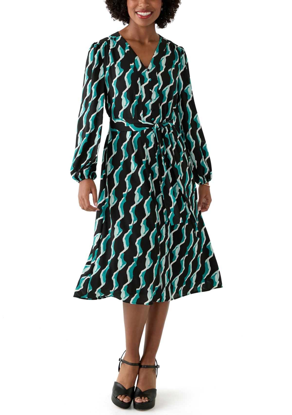 Womens Long Blouson Sleeve Printed Button Front Dress