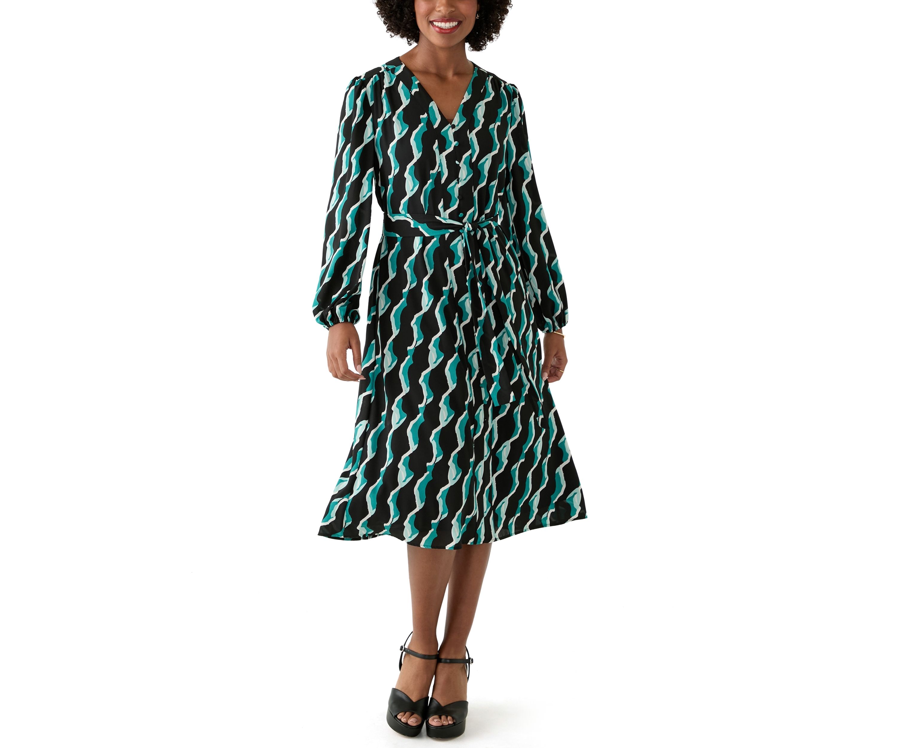 Womens Long Blouson Sleeve Printed Button Front Dress