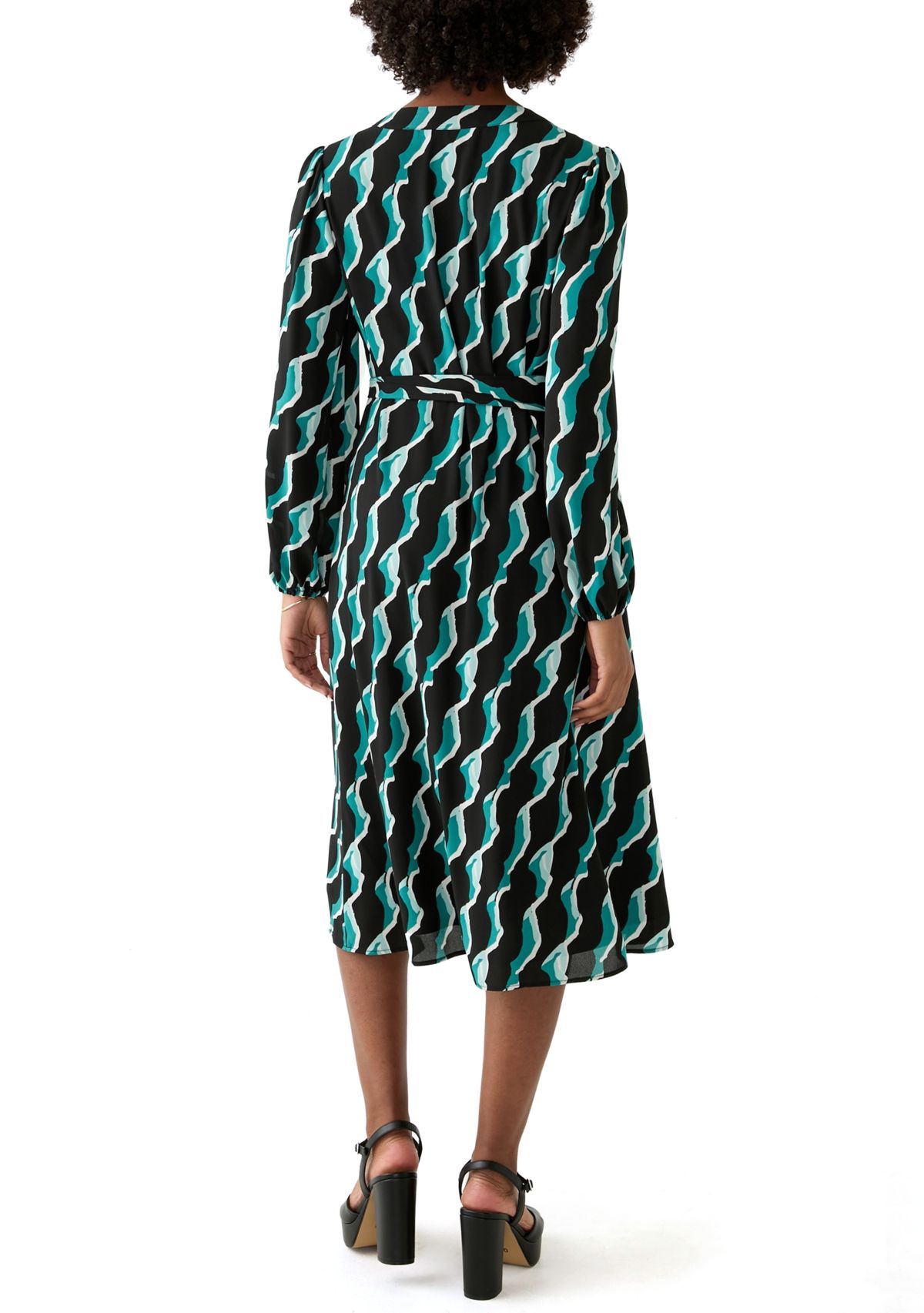 Womens Long Blouson Sleeve Printed Button Front Dress