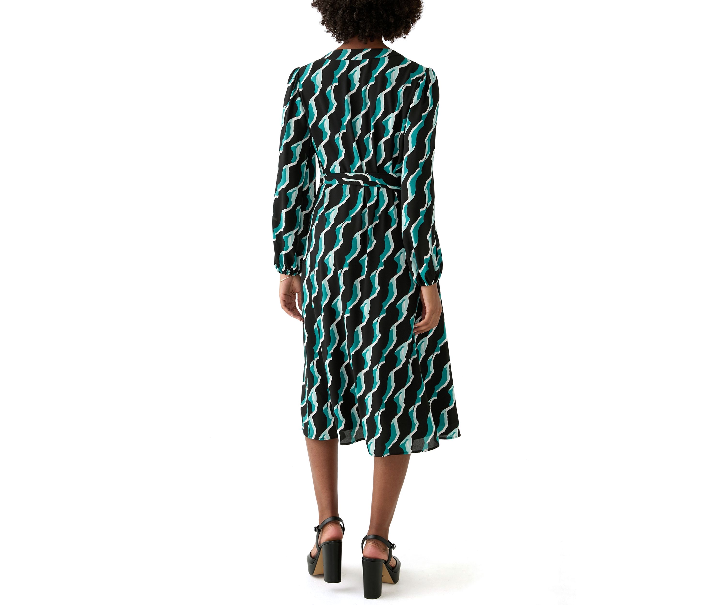 Womens Long Blouson Sleeve Printed Button Front Dress