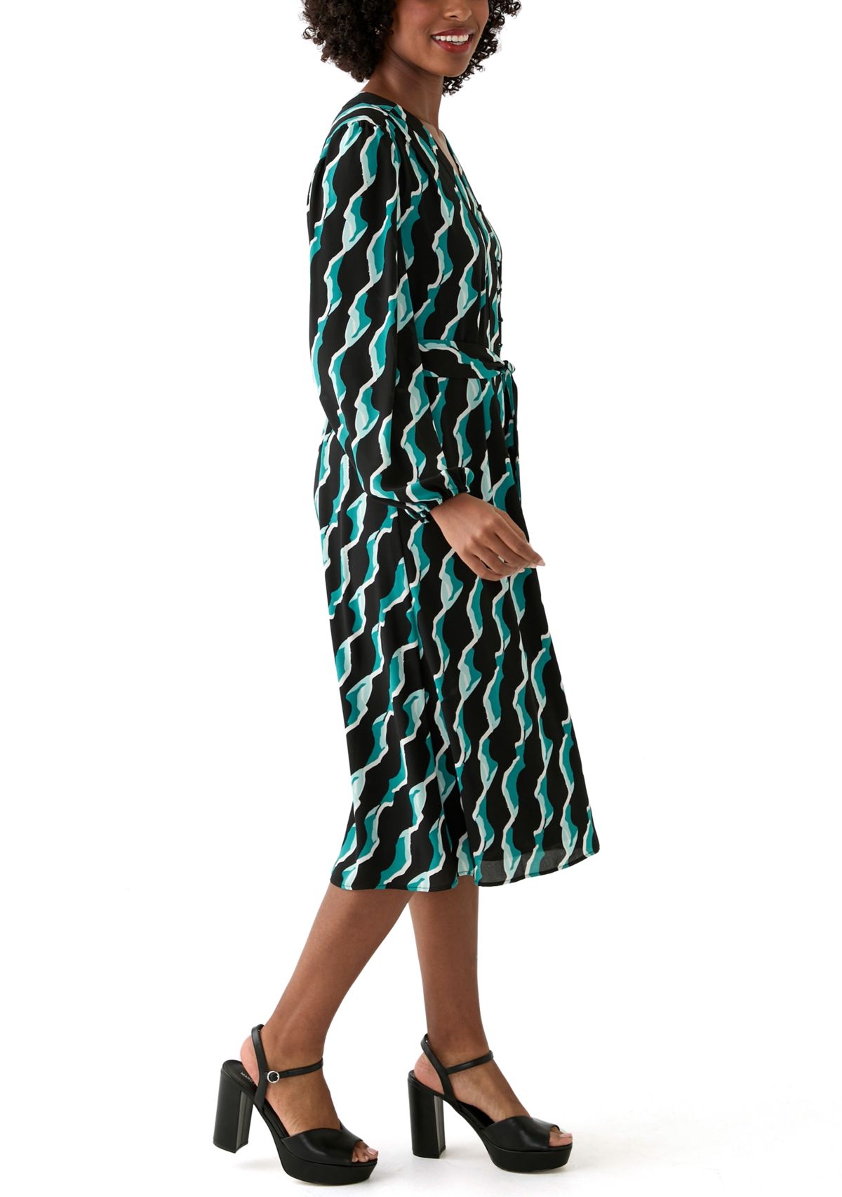 Womens Long Blouson Sleeve Printed Button Front Dress