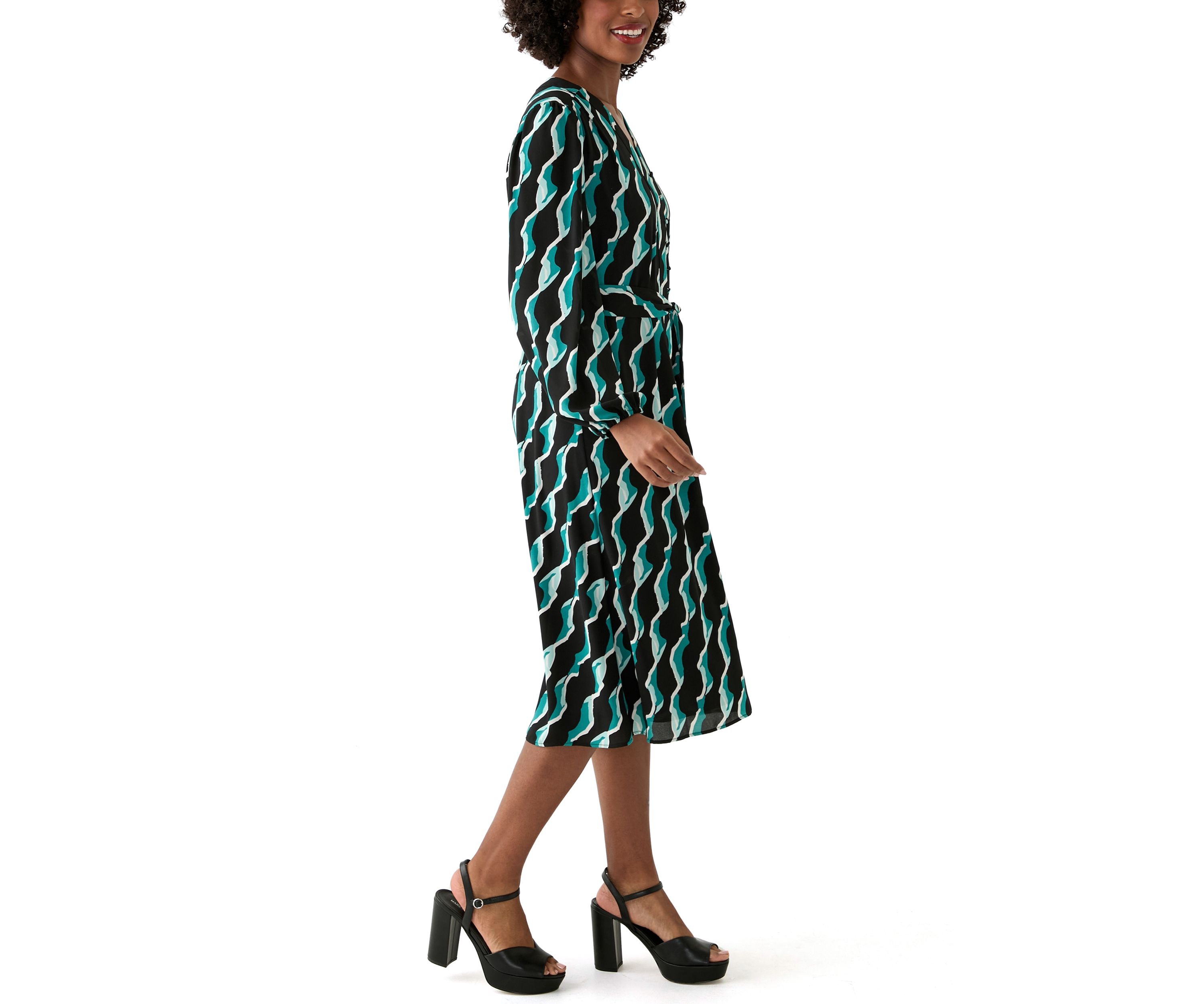 Womens Long Blouson Sleeve Printed Button Front Dress