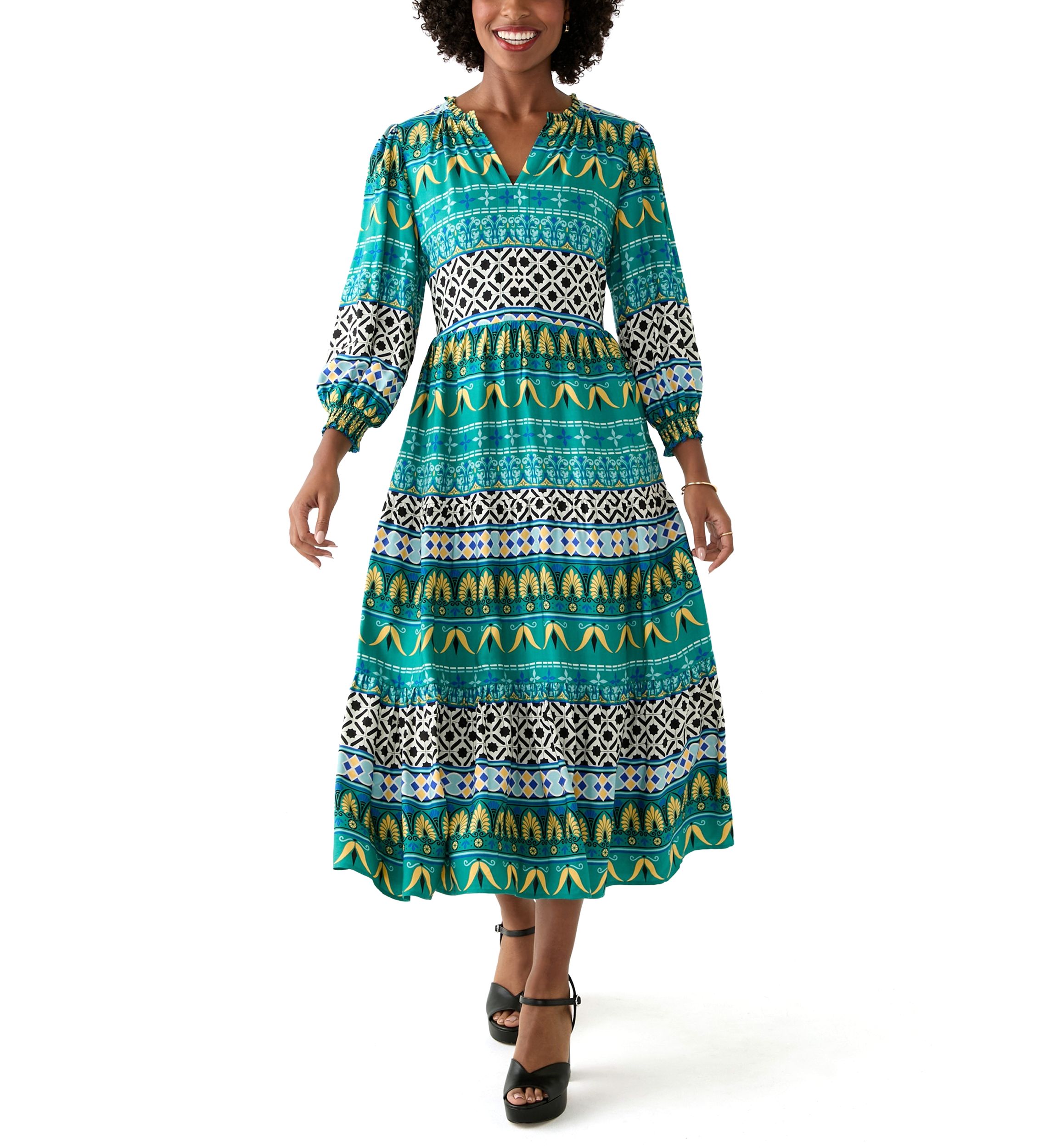Womens Puff Sleeve Split Neck Printed Dress