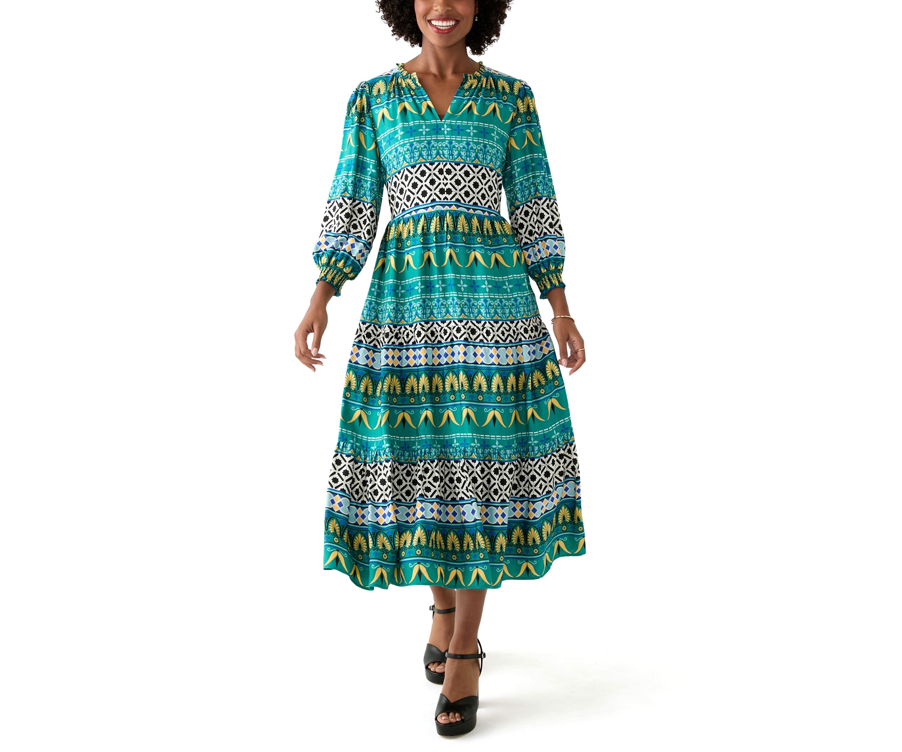 Womens Puff Sleeve Split Neck Printed Dress