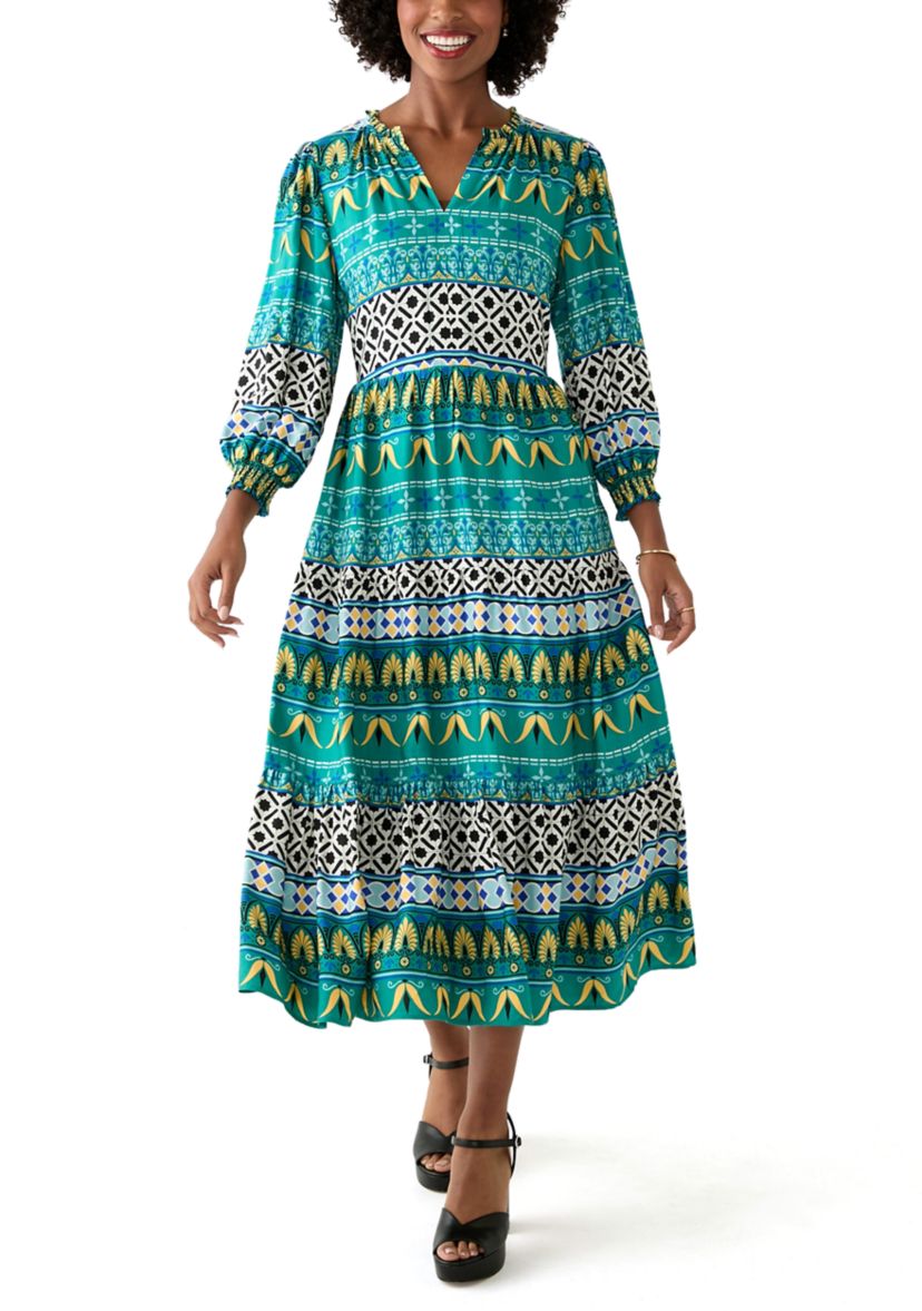 Womens Puff Sleeve Split Neck Printed Dress