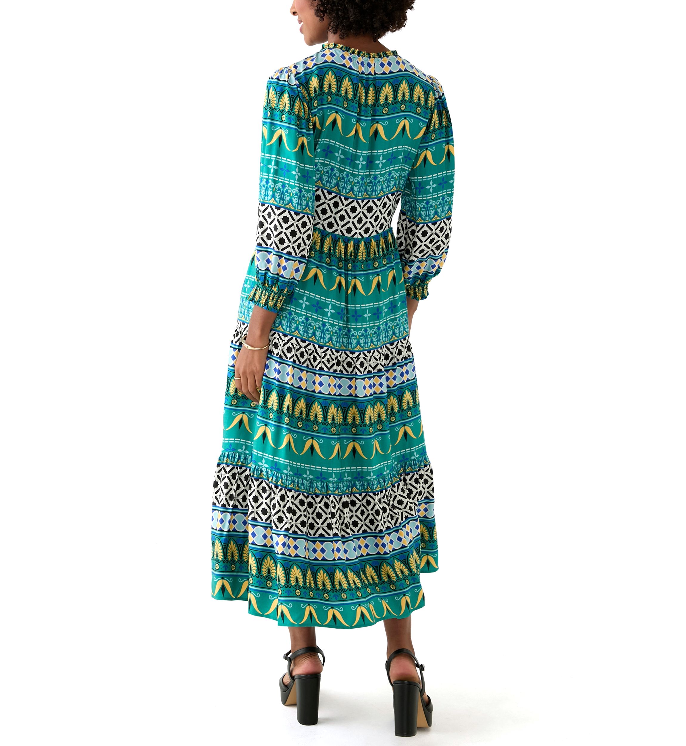 Womens Puff Sleeve Split Neck Printed Dress