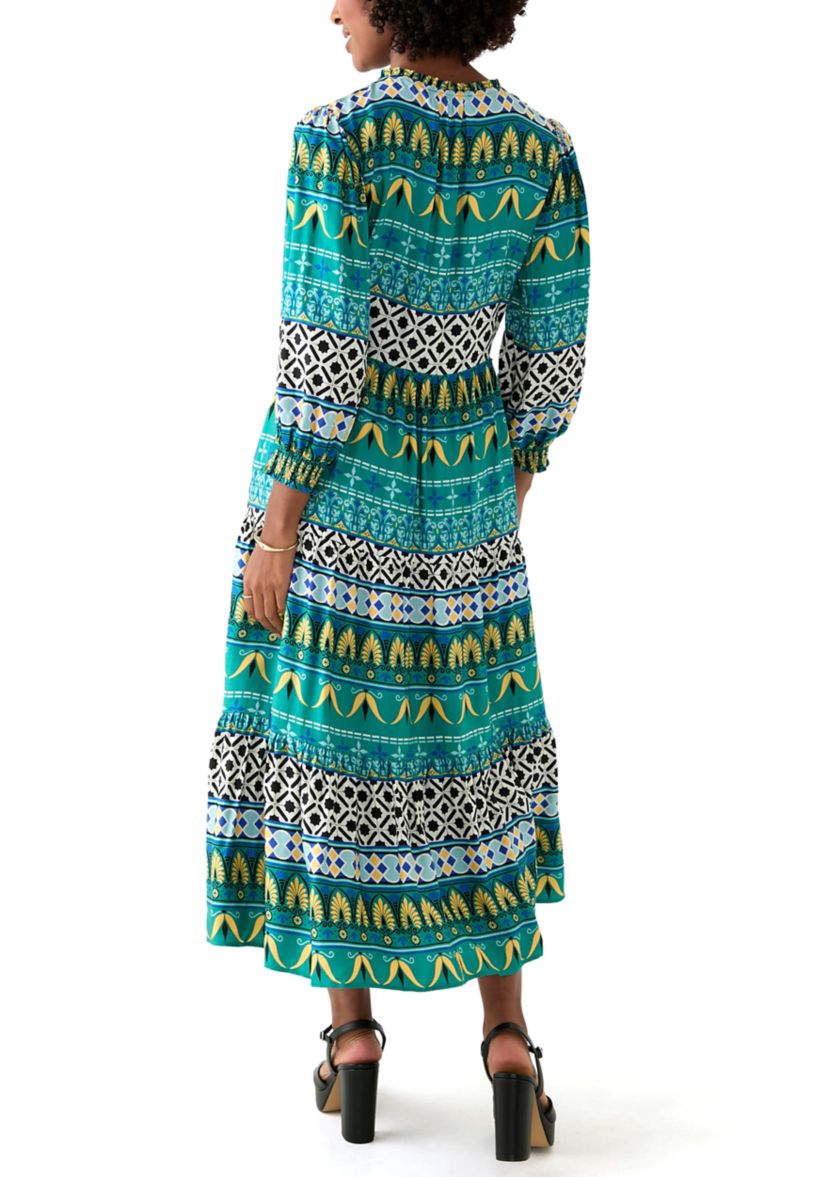 Womens Puff Sleeve Split Neck Printed Dress