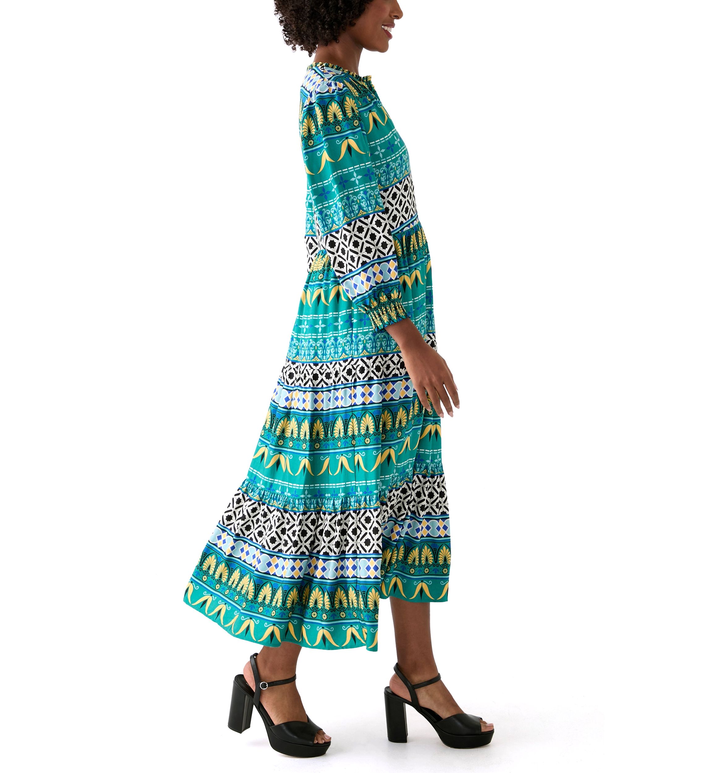Womens Puff Sleeve Split Neck Printed Dress