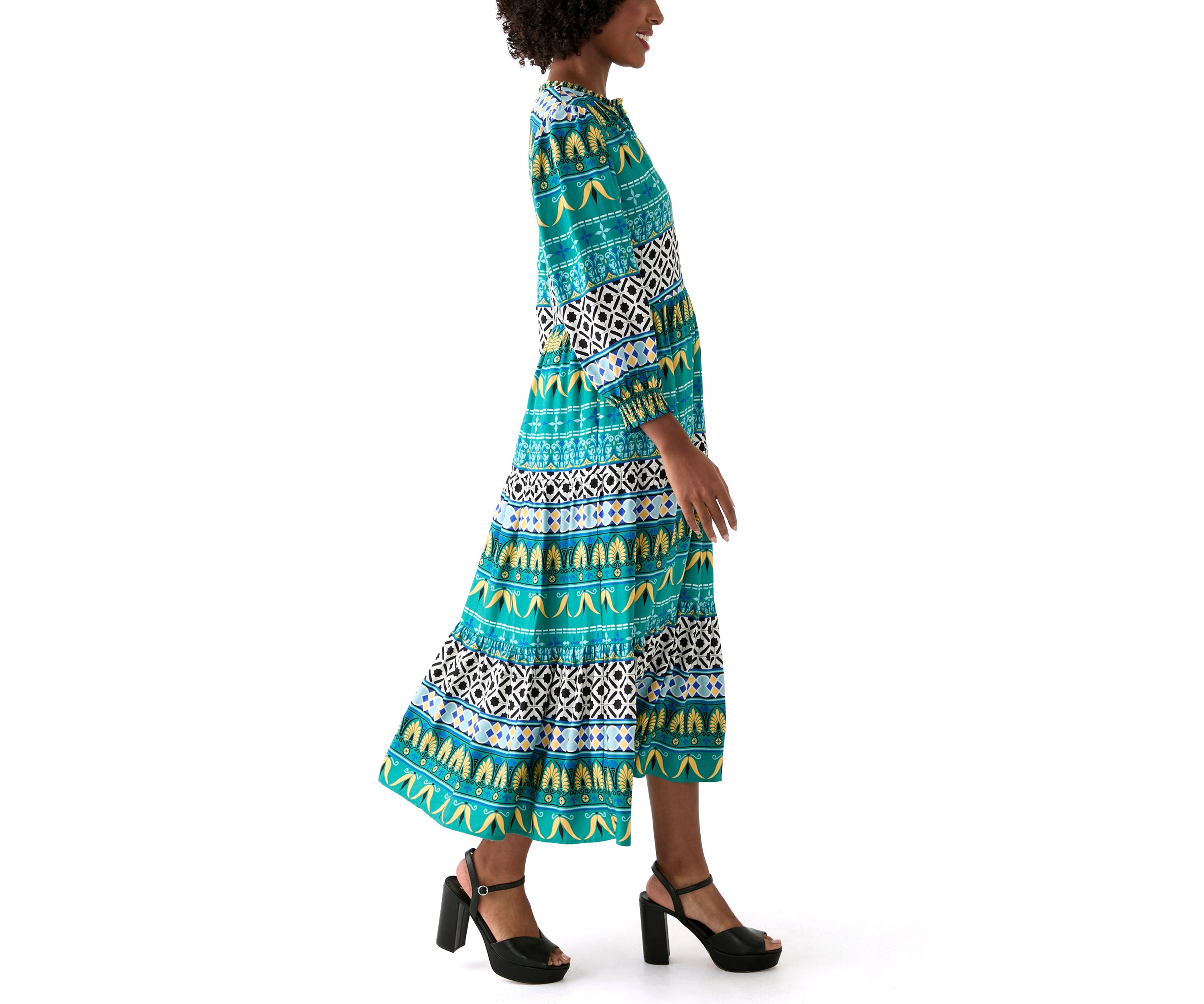 Womens Puff Sleeve Split Neck Printed Dress