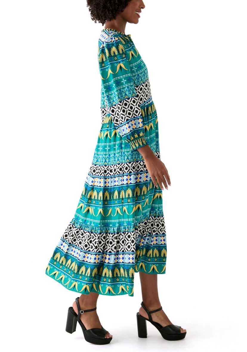 Womens Puff Sleeve Split Neck Printed Dress