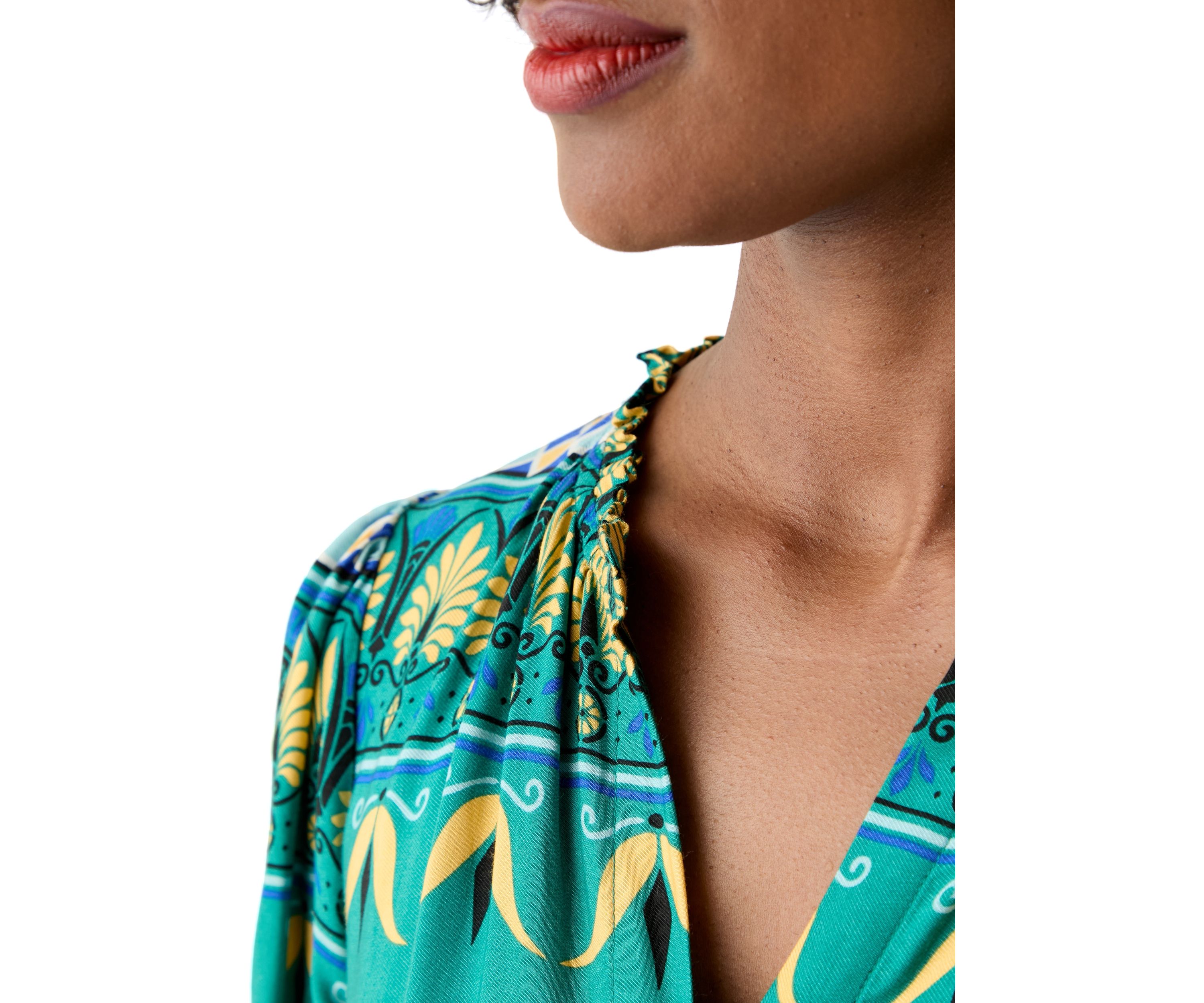 Womens Puff Sleeve Split Neck Printed Dress