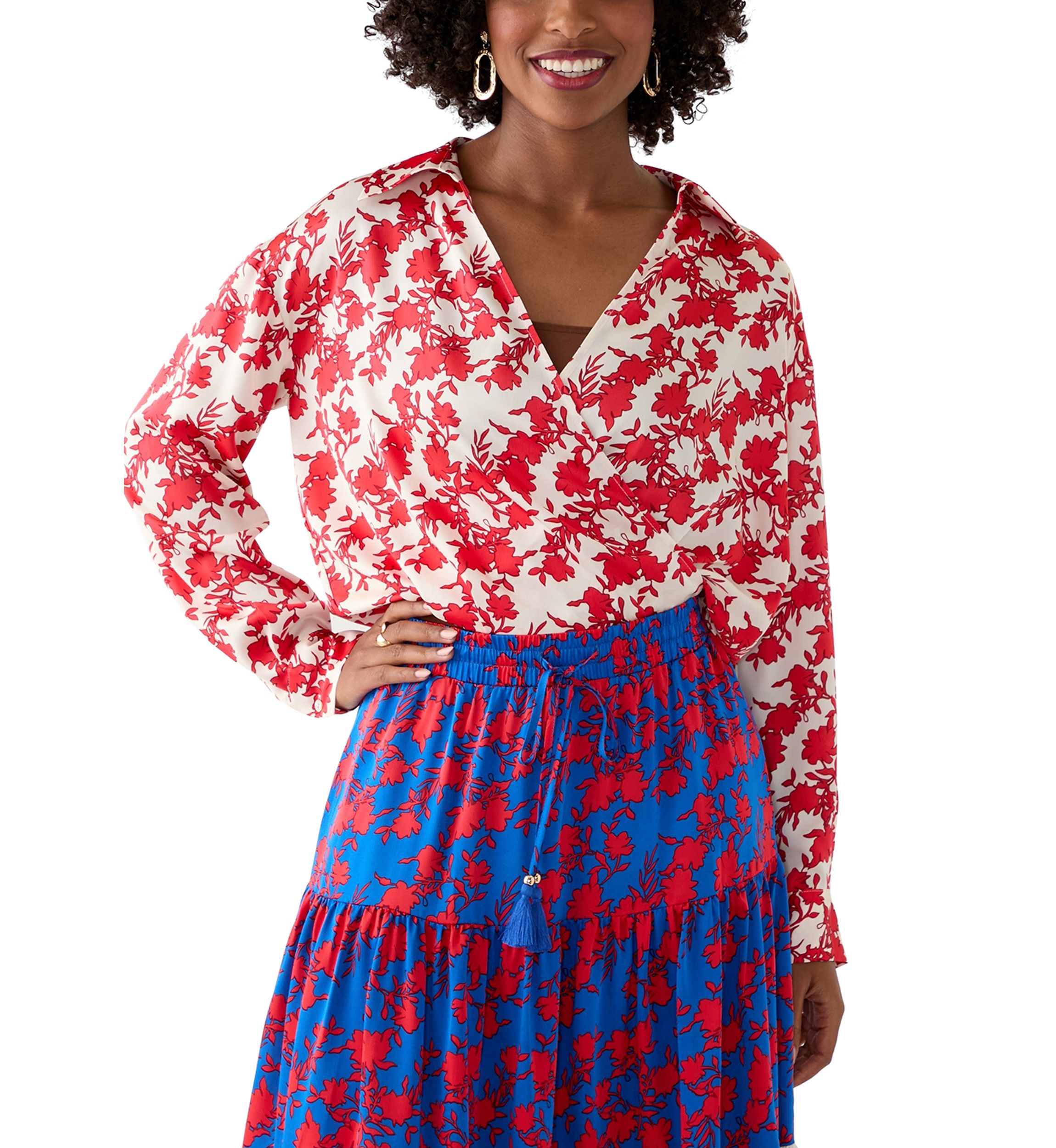 Womens Long Sleeve Open Collar Printed Blouse
