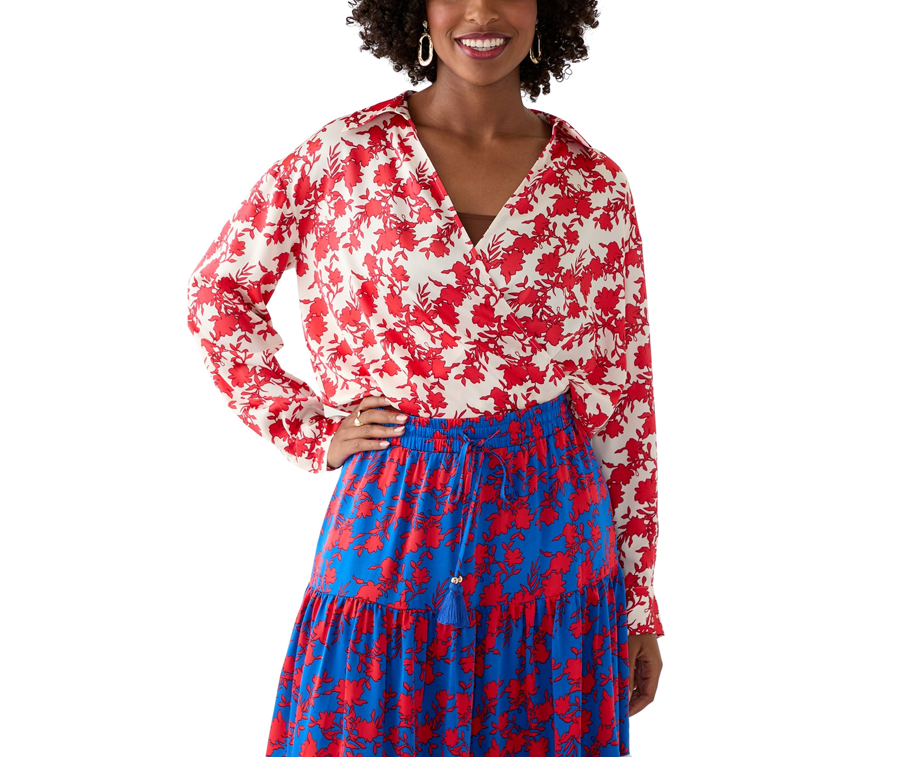 Womens Long Sleeve Open Collar Printed Blouse