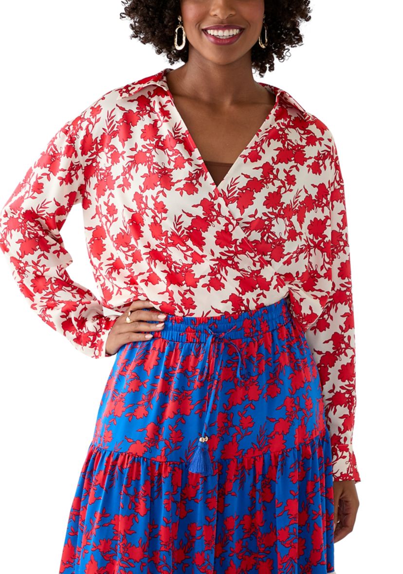 Womens Long Sleeve Open Collar Printed Blouse