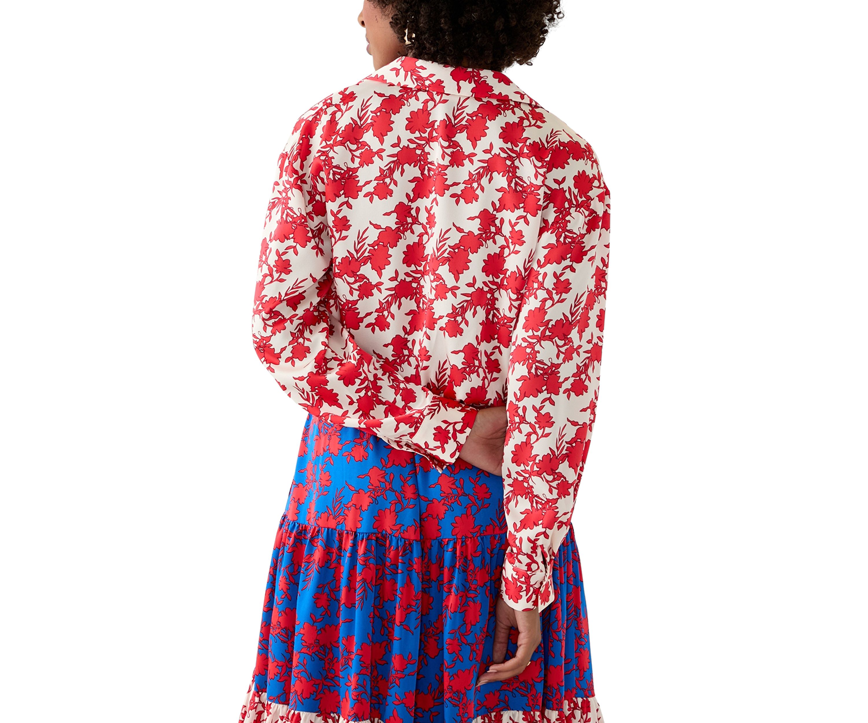Womens Long Sleeve Open Collar Printed Blouse