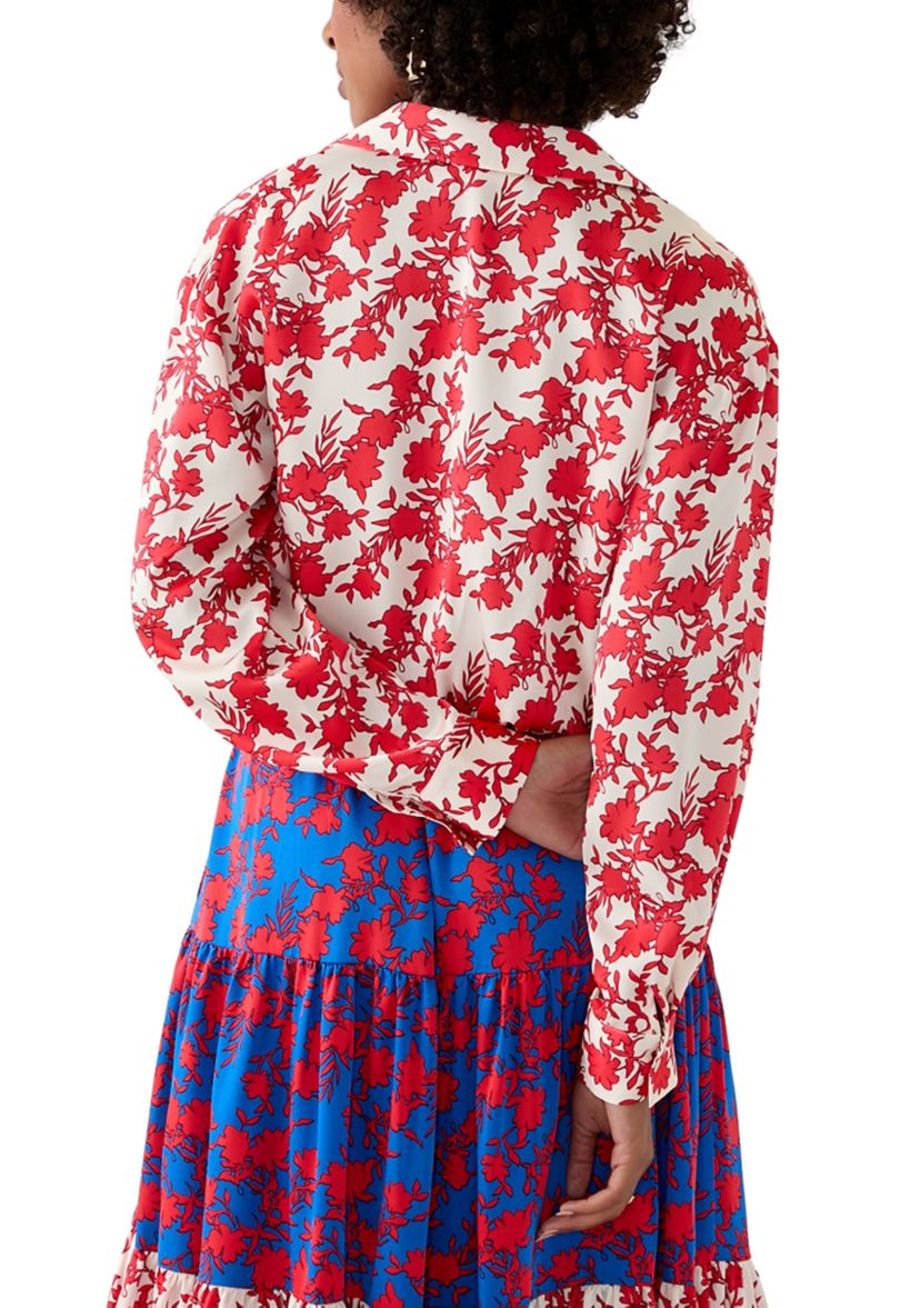 Womens Long Sleeve Open Collar Printed Blouse