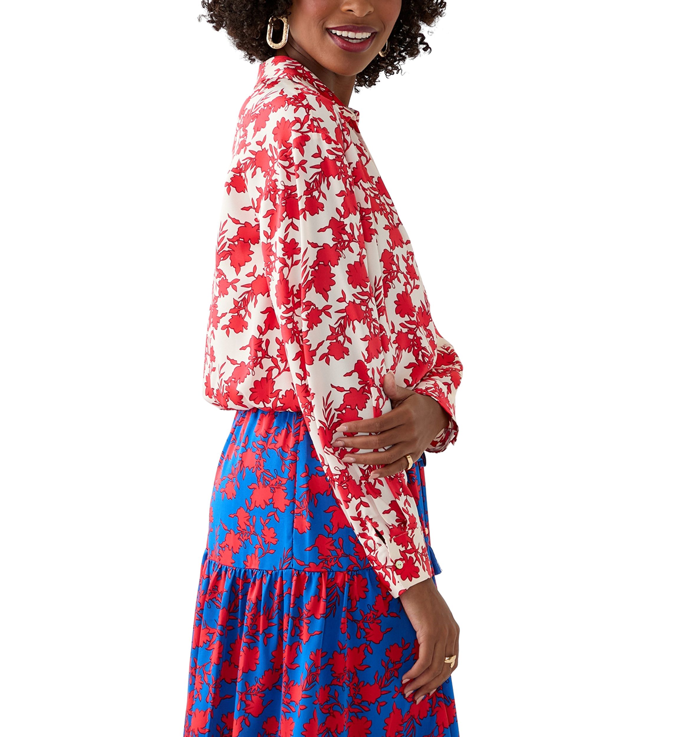 Womens Long Sleeve Open Collar Printed Blouse