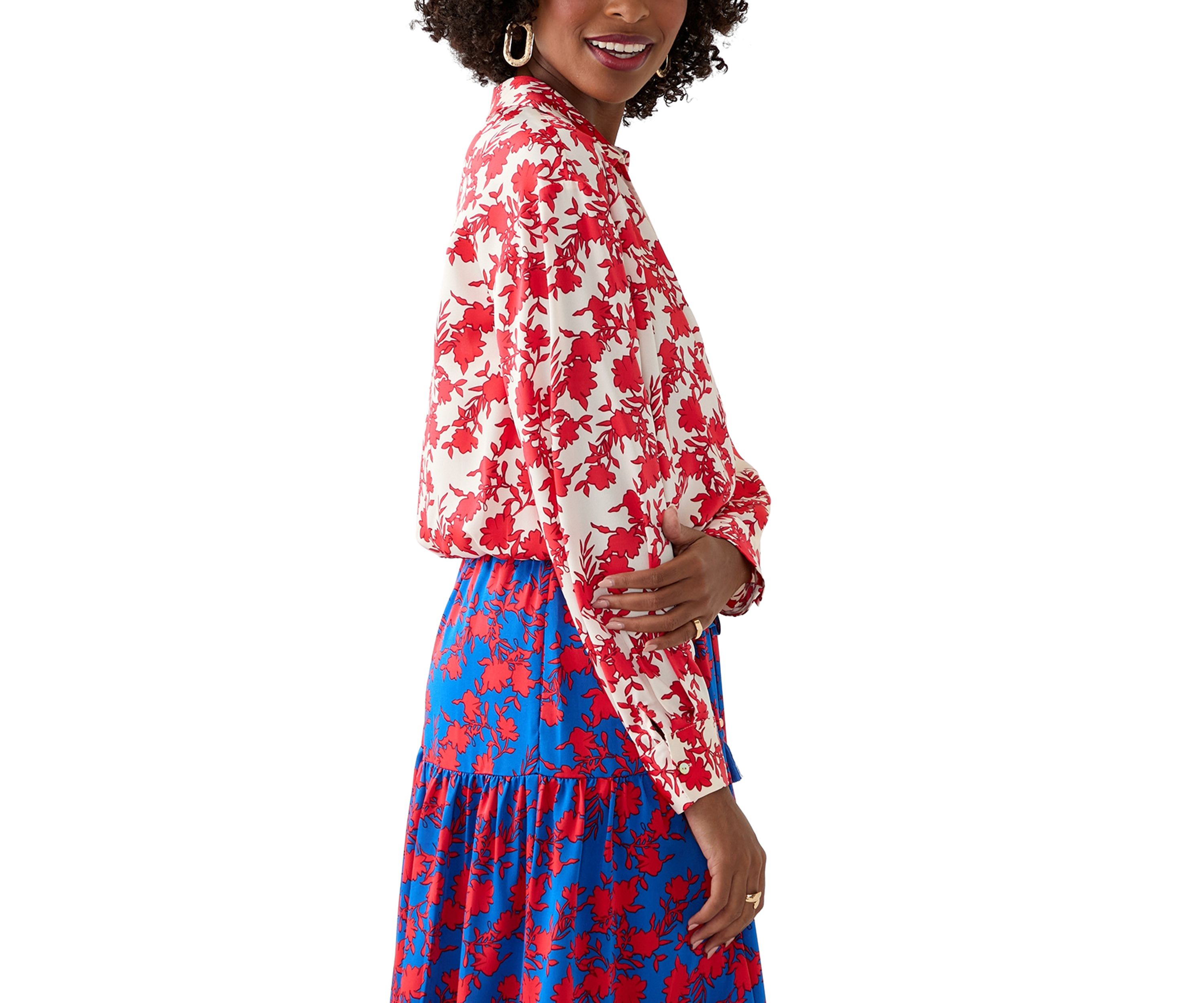 Womens Long Sleeve Open Collar Printed Blouse