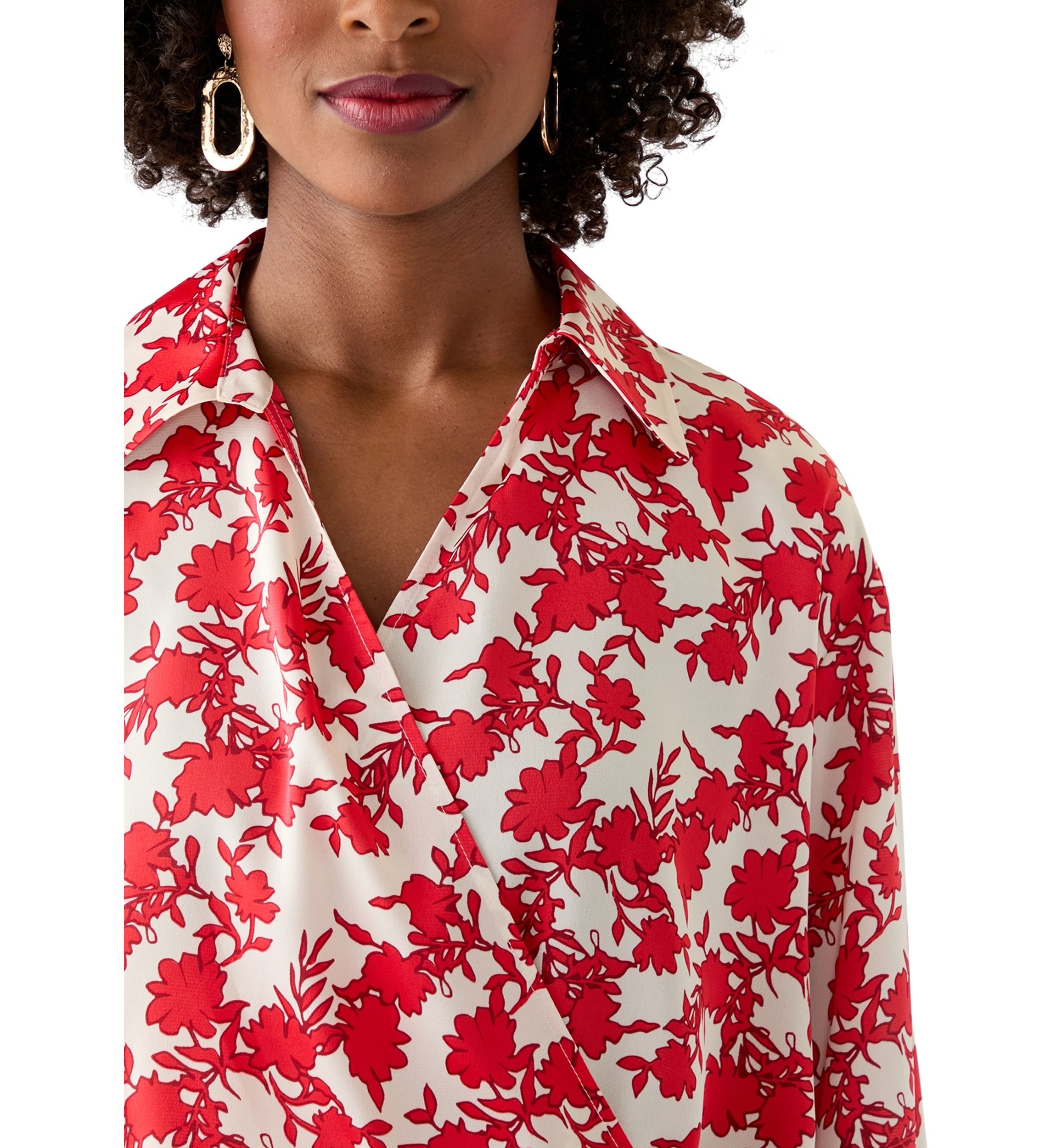 Womens Long Sleeve Open Collar Printed Blouse
