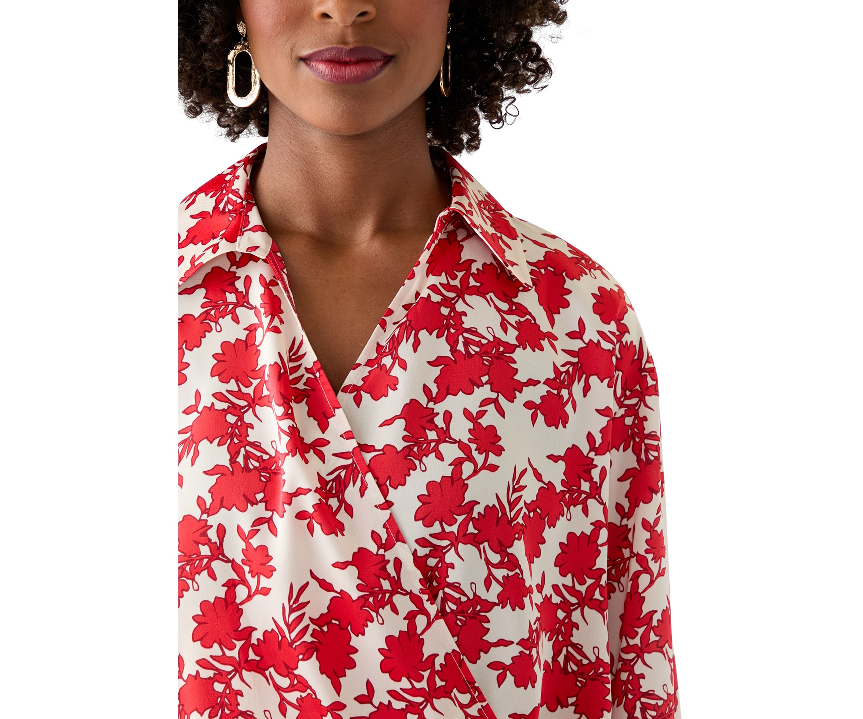Womens Long Sleeve Open Collar Printed Blouse