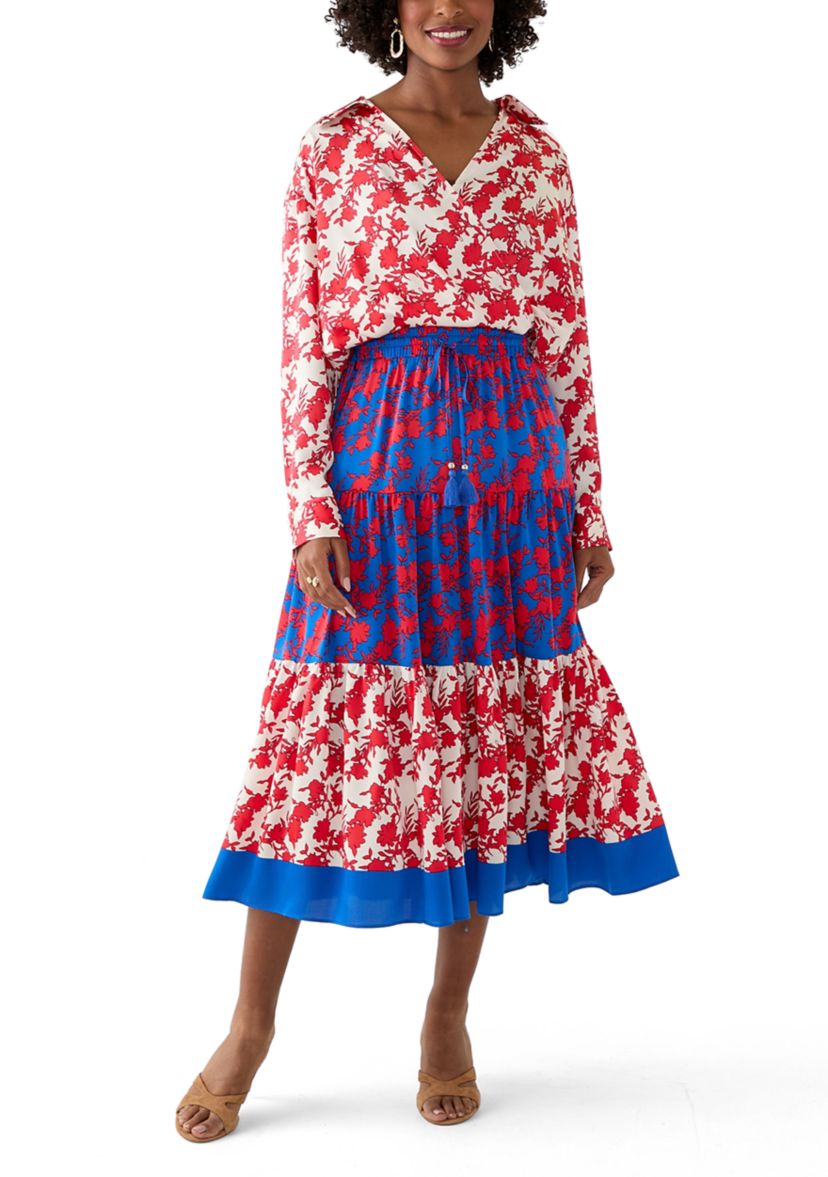 Womens Long Sleeve Open Collar Printed Blouse