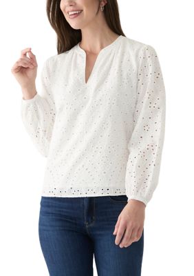 PHILOSOPHY BY REPUBLIC Women's Long Sleeve Raglan Split Neck Eyelet Blouse, Ivory, Medium