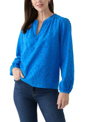 PHILOSOPHY BY REPUBLIC Women's Long Sleeve Raglan Split Neck Eyelet Blouse, Blue, XS