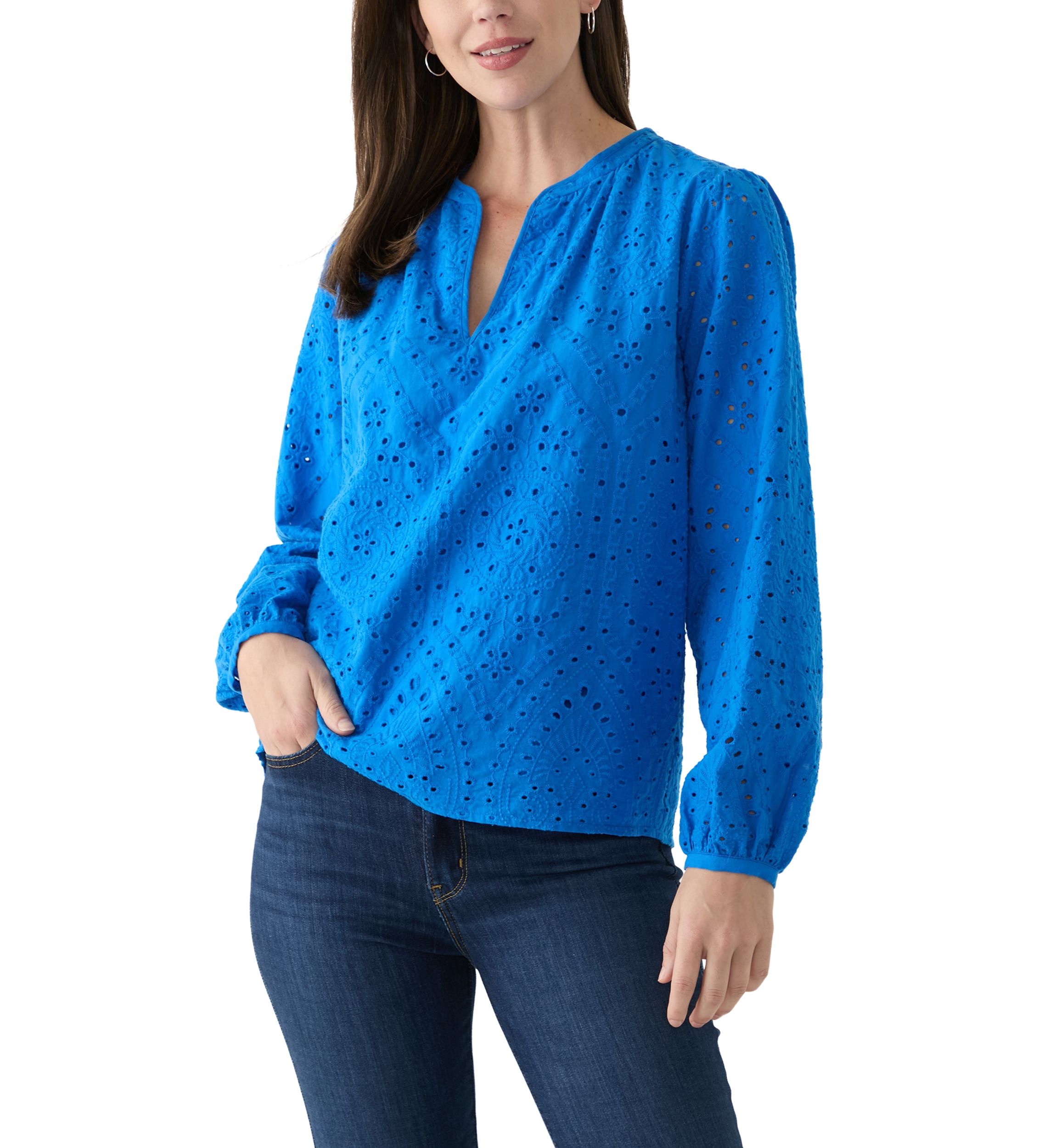 Womens Long Sleeve Raglan Split Neck Eyelet Blouse