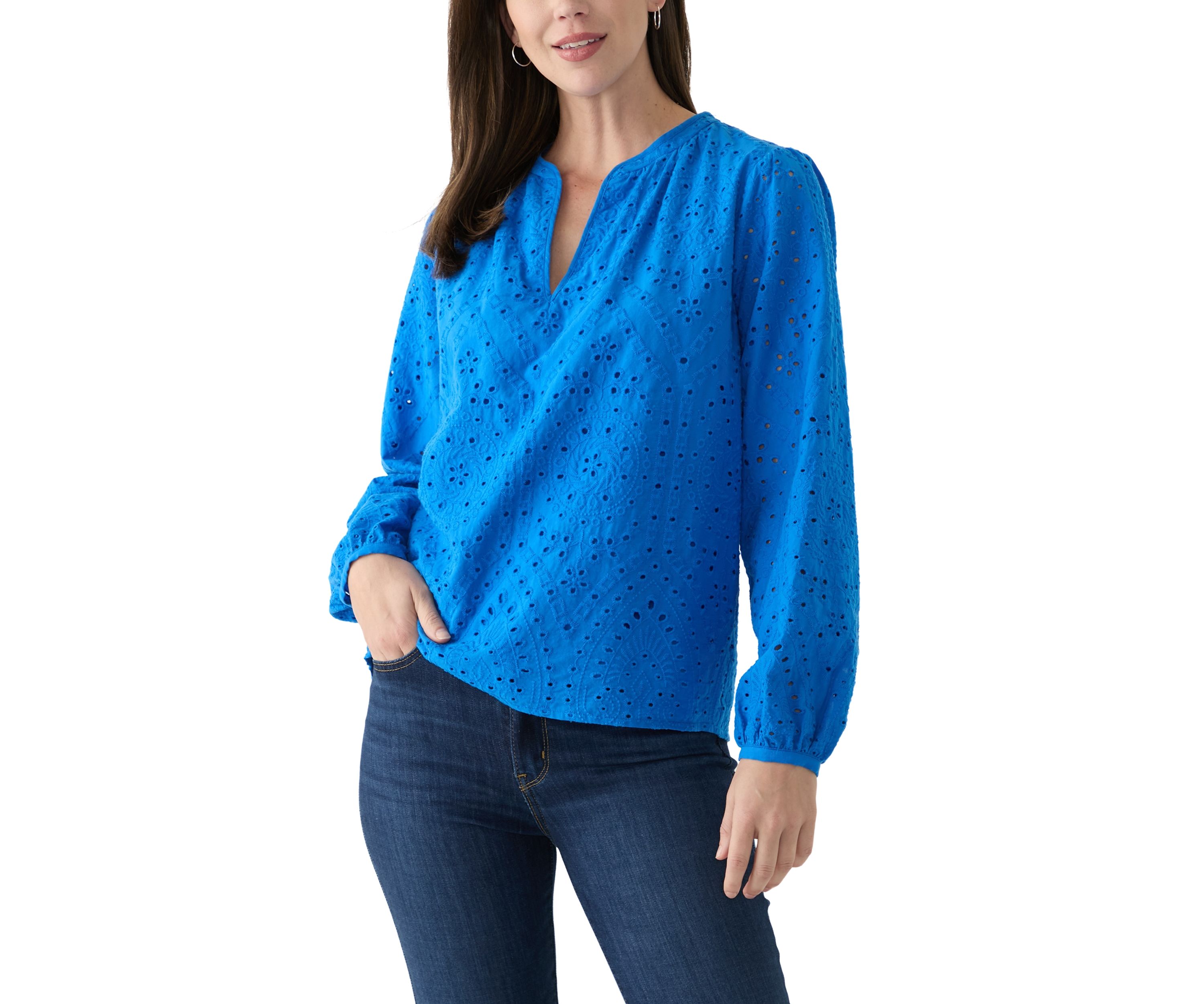 Womens Long Sleeve Raglan Split Neck Eyelet Blouse