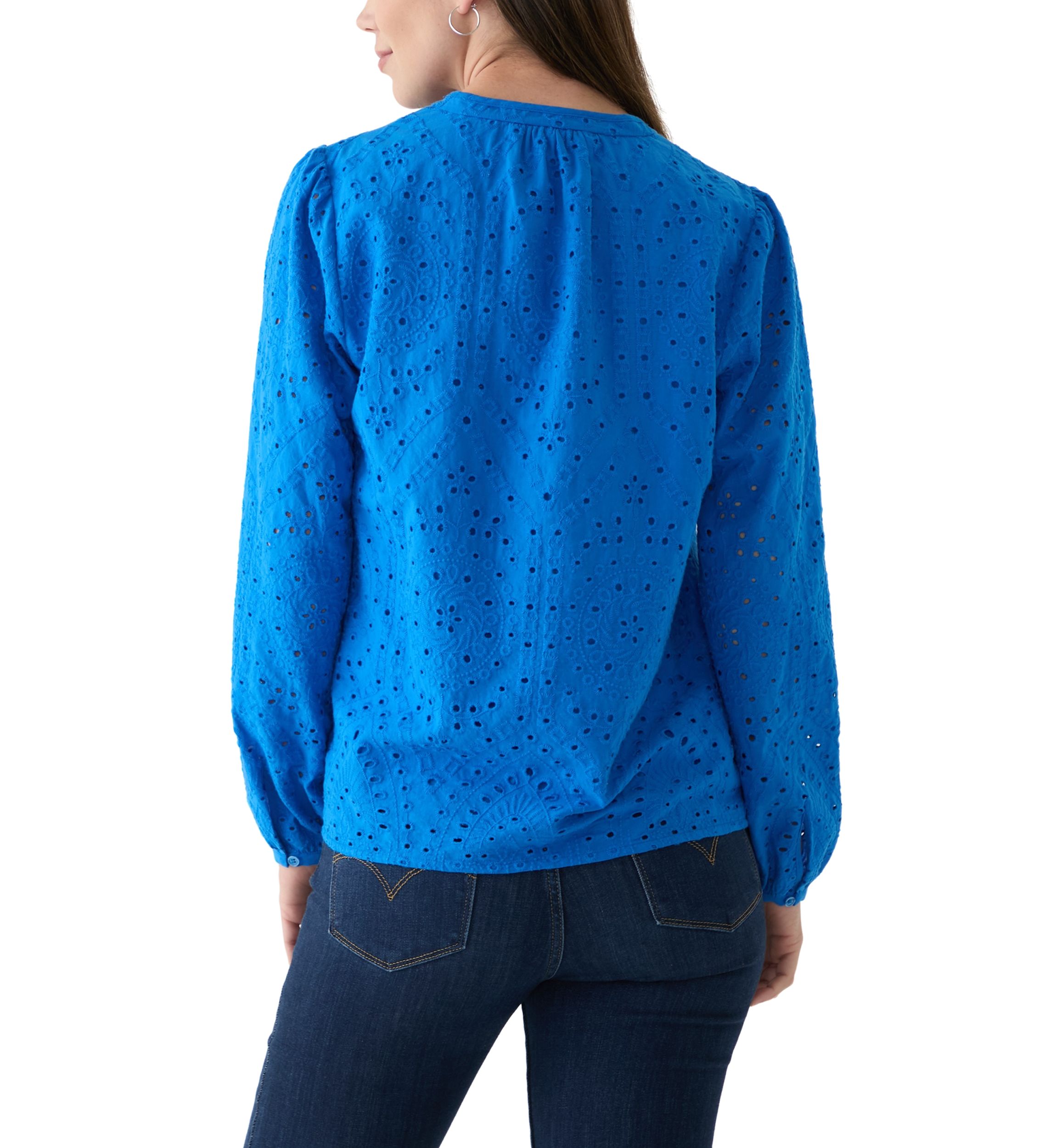 Womens Long Sleeve Raglan Split Neck Eyelet Blouse