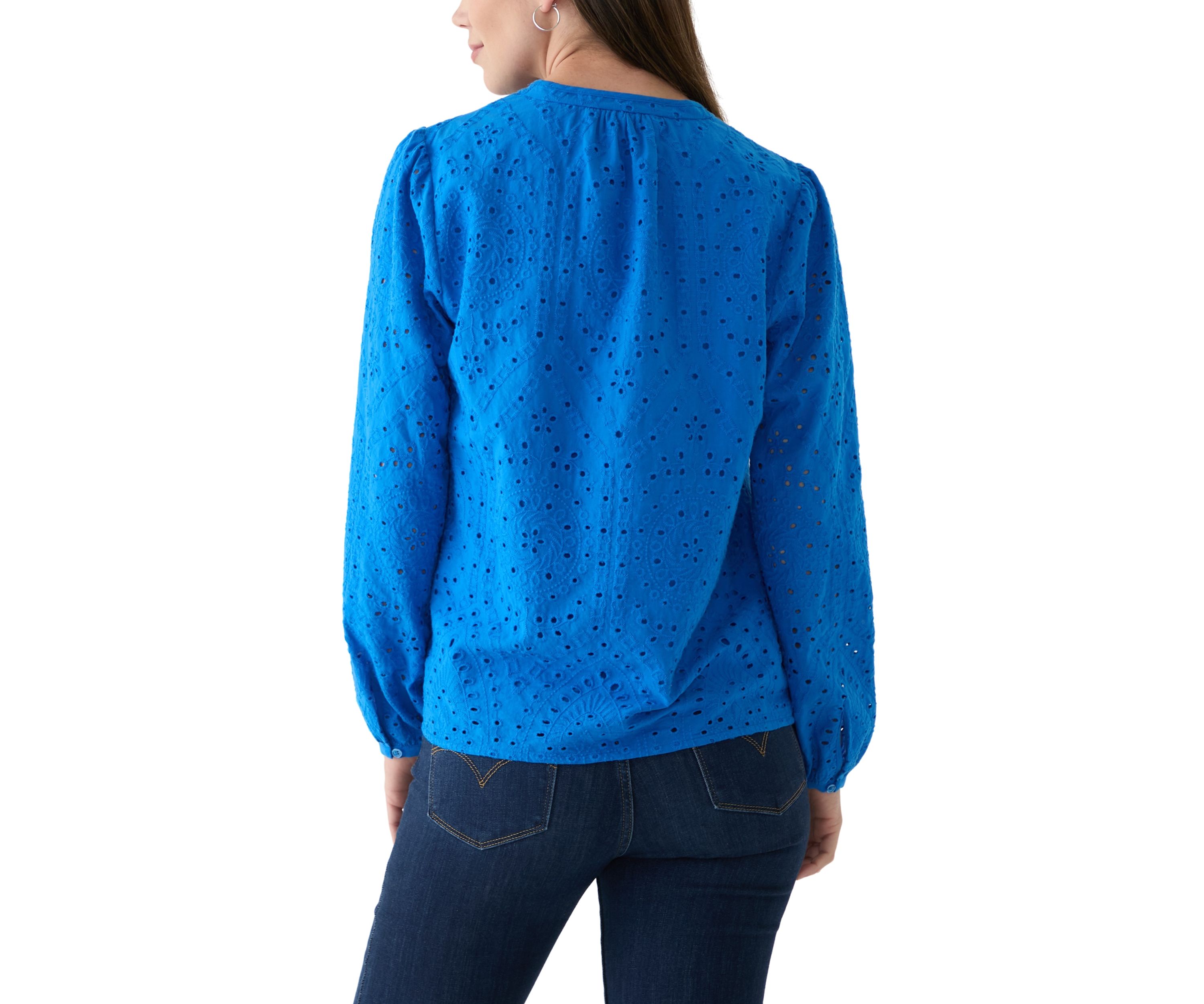 Womens Long Sleeve Raglan Split Neck Eyelet Blouse