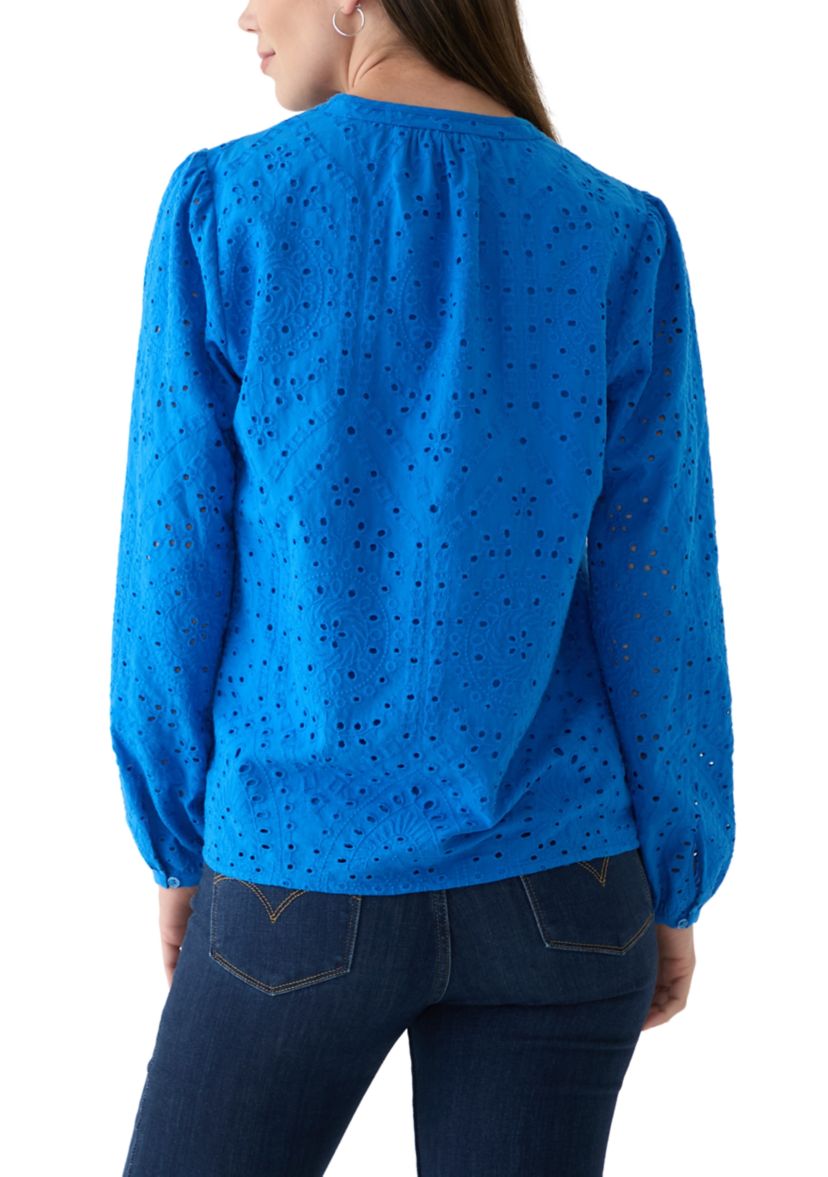 Womens Long Sleeve Raglan Split Neck Eyelet Blouse