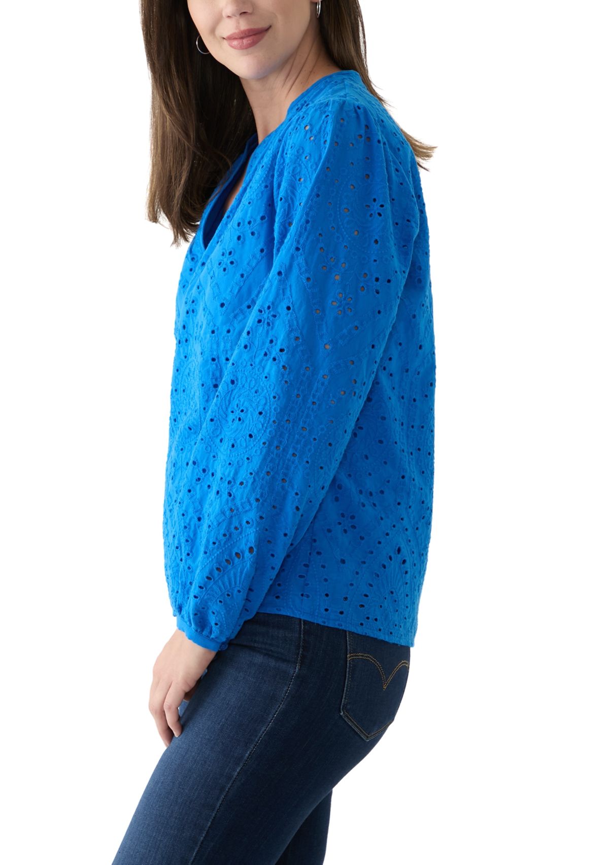 Womens Long Sleeve Raglan Split Neck Eyelet Blouse