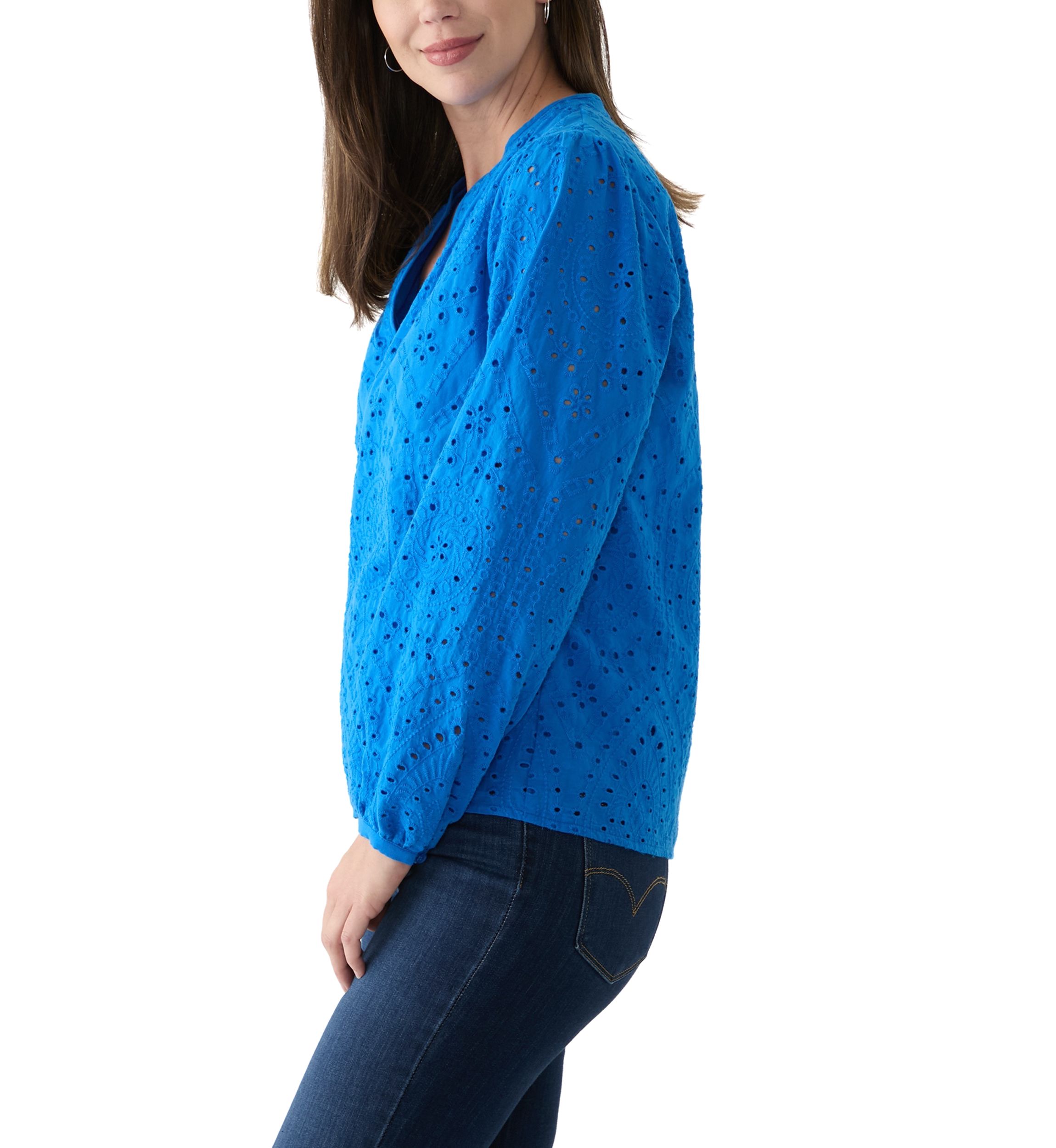 Womens Long Sleeve Raglan Split Neck Eyelet Blouse