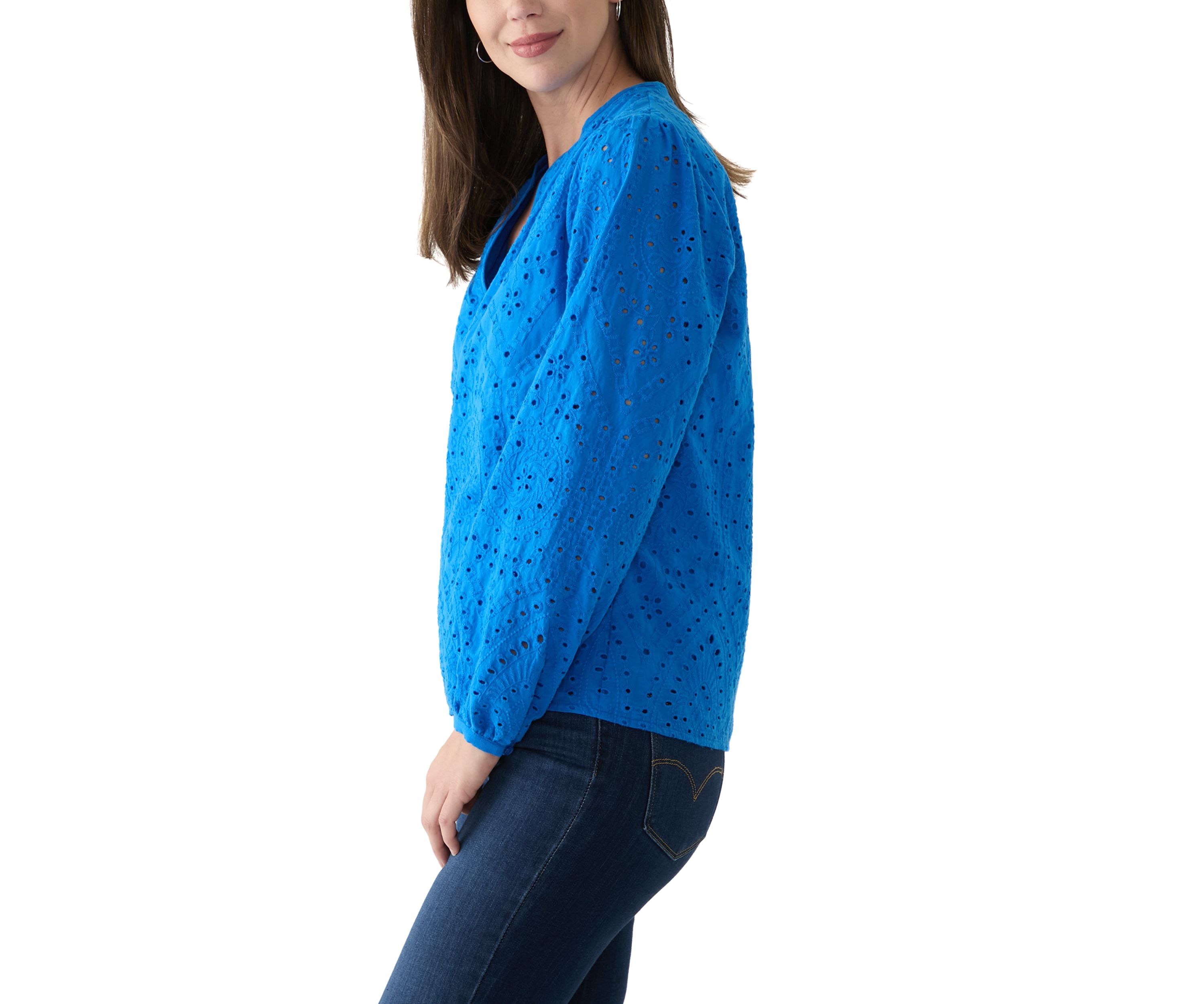 Womens Long Sleeve Raglan Split Neck Eyelet Blouse