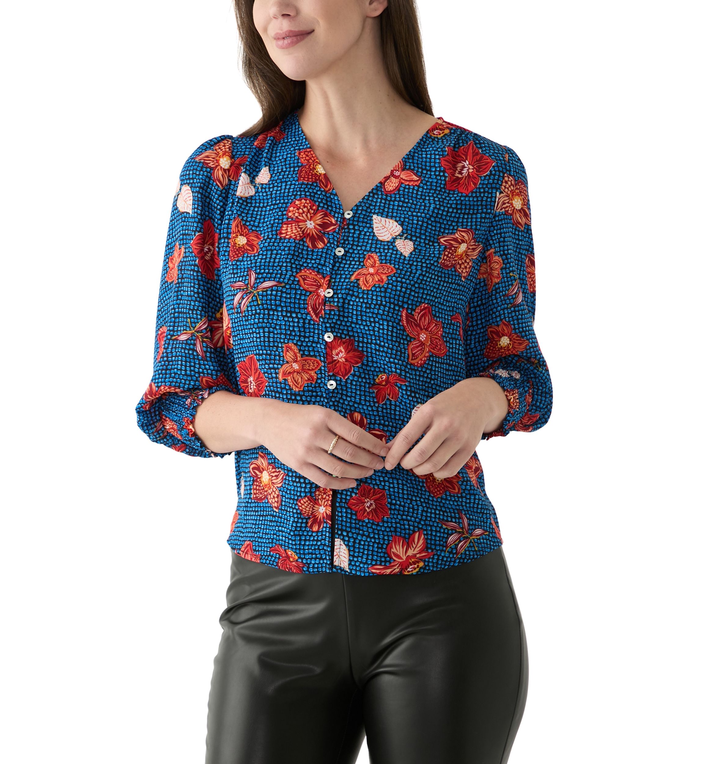 Womens 3/4 Sleeve V-Neck Printed Blouse