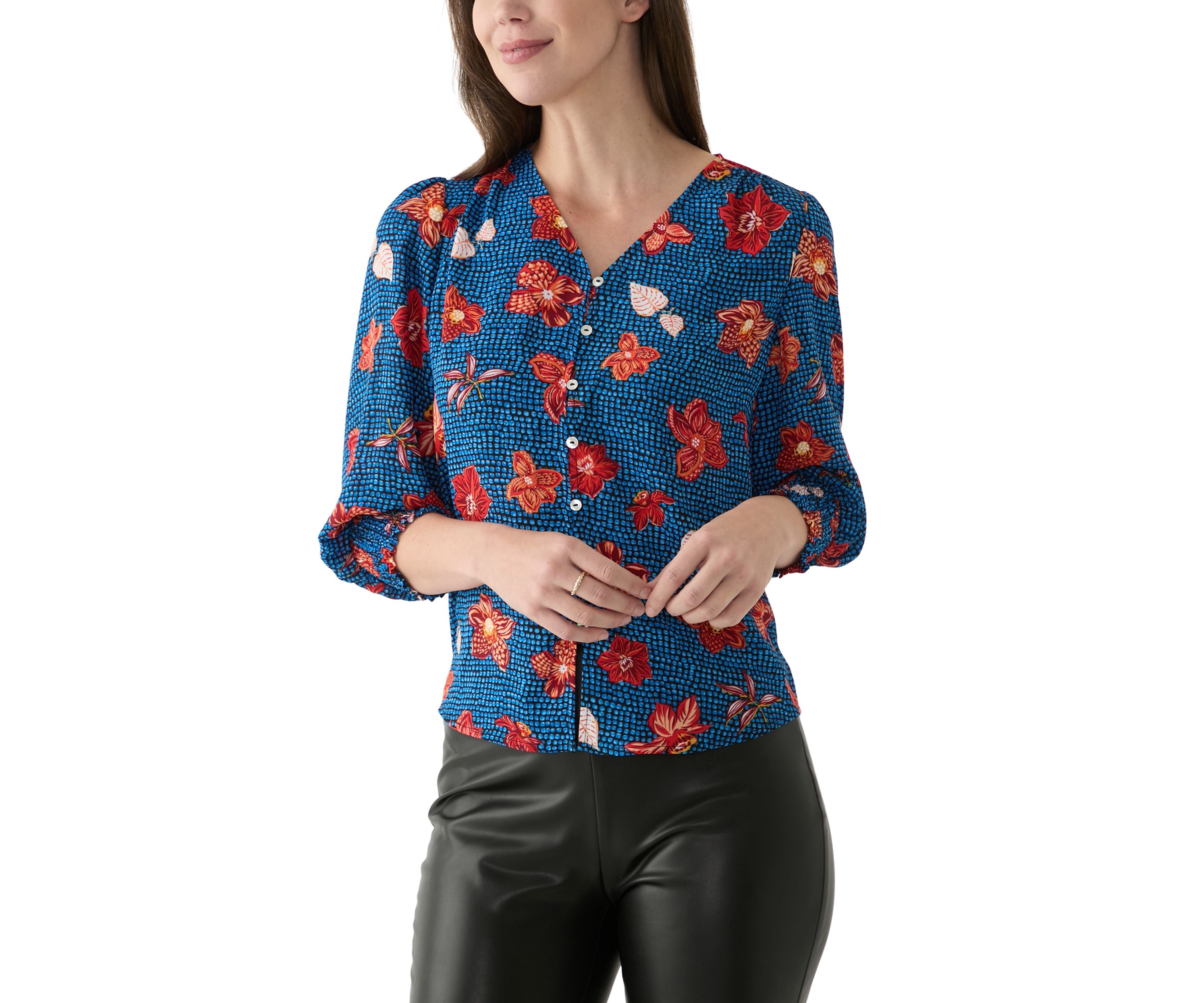 Womens 3/4 Sleeve V-Neck Printed Blouse