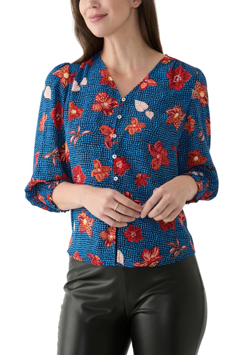 Womens 3/4 Sleeve V-Neck Printed Blouse