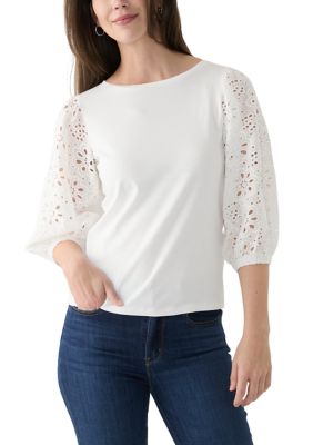 PHILOSOPHY BY REPUBLIC Women's 3/4 Sleeve Pleated Eyelet Knit Top, Ivory, XS
