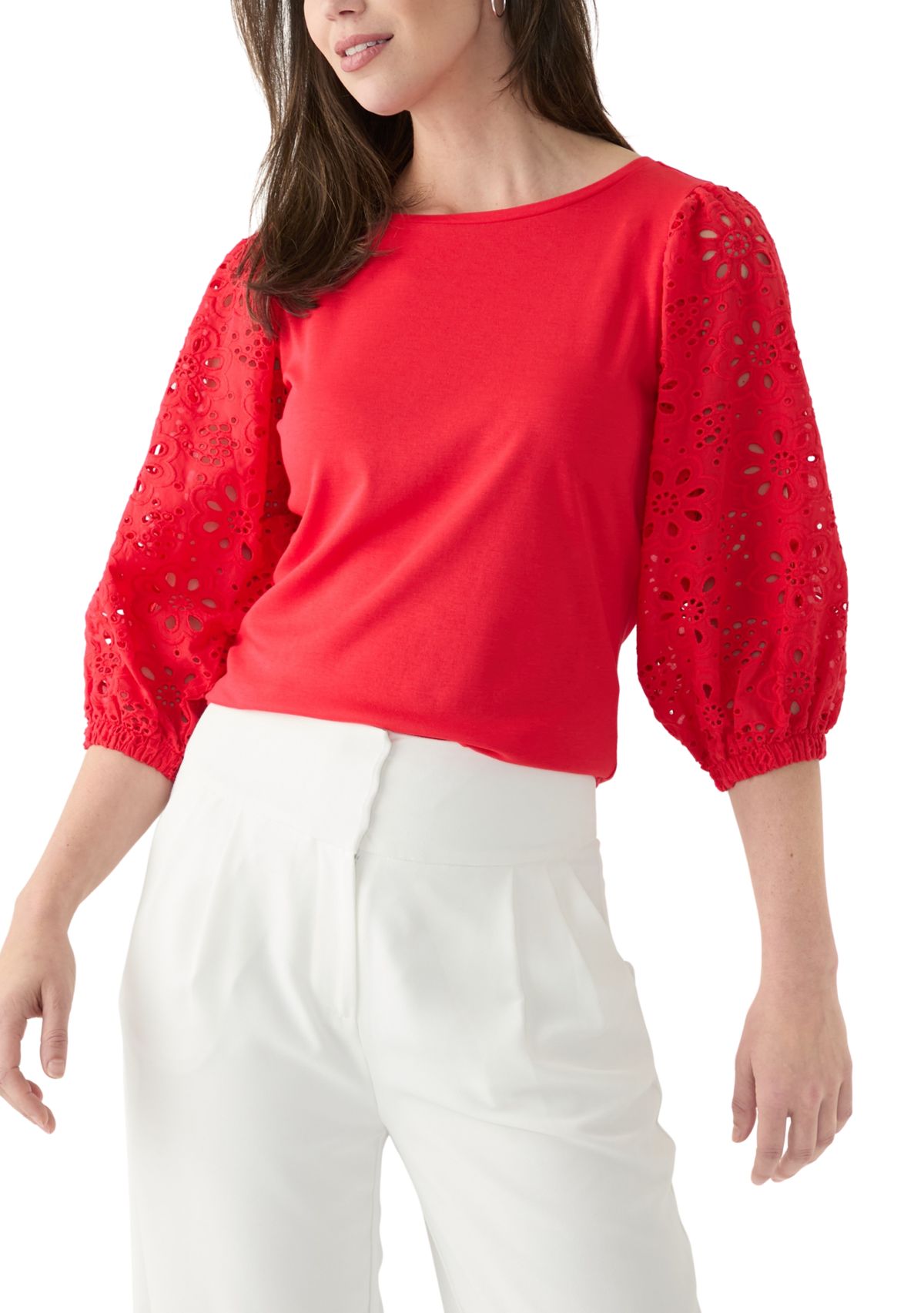 Womens 3/4 Sleeve Pleated Eyelet Knit Top