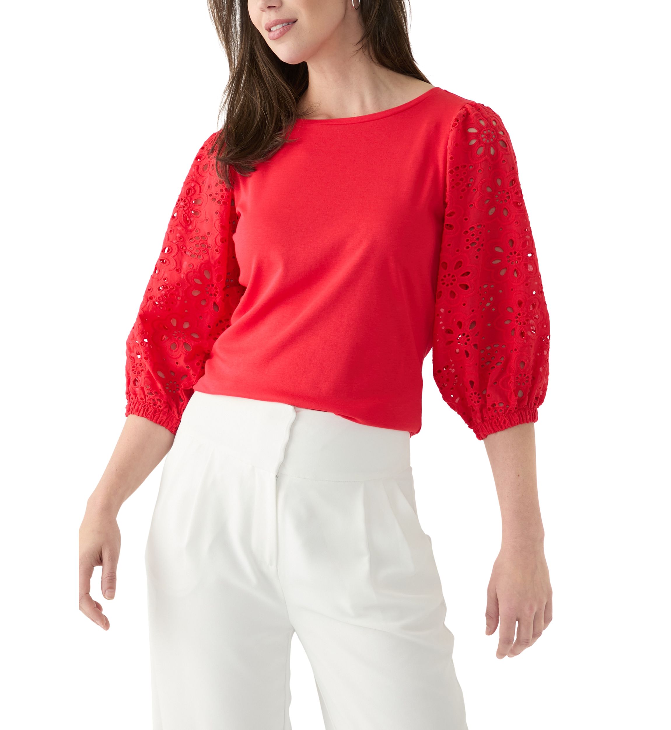 Womens 3/4 Sleeve Pleated Eyelet Knit Top