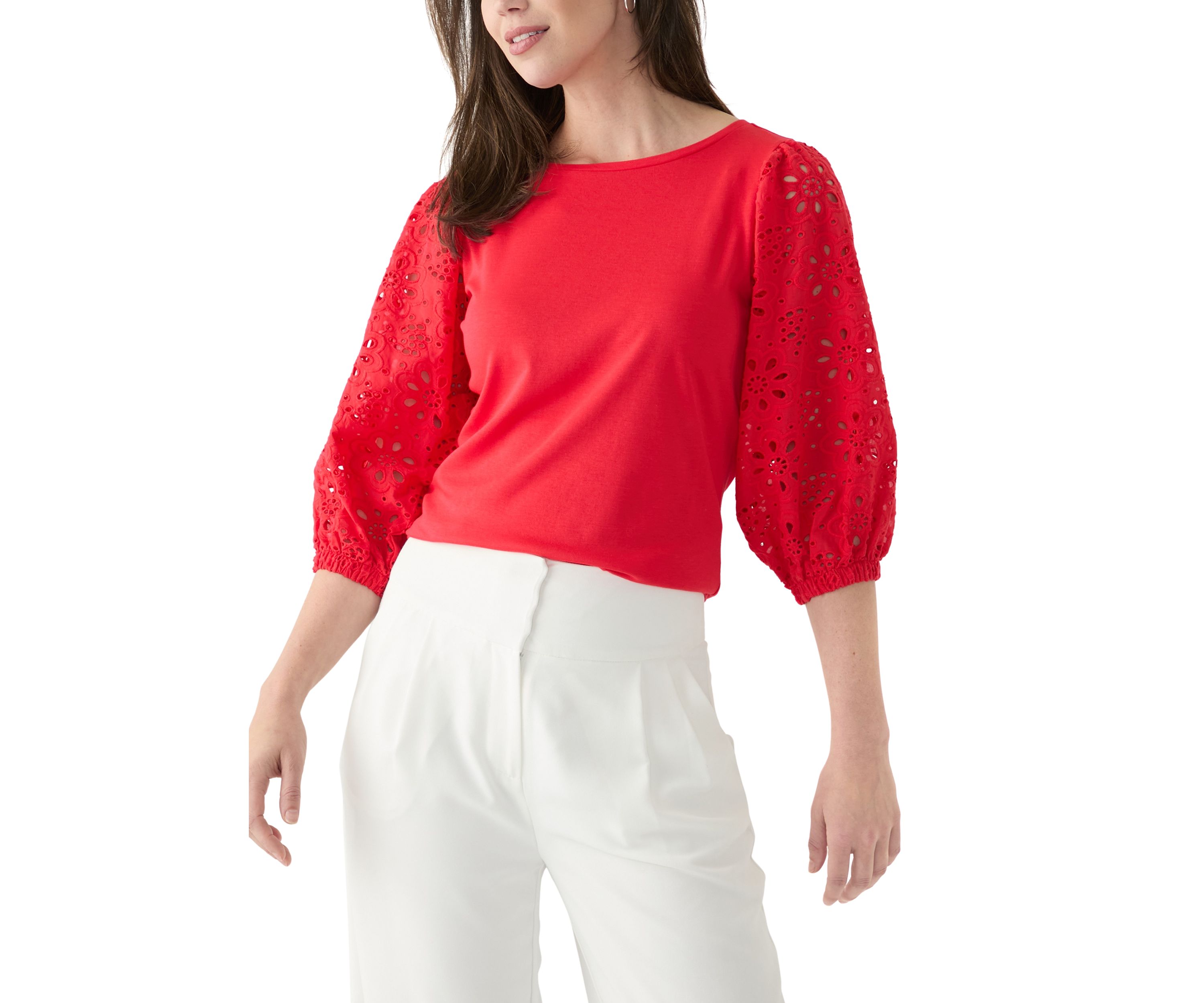 Womens 3/4 Sleeve Pleated Eyelet Knit Top