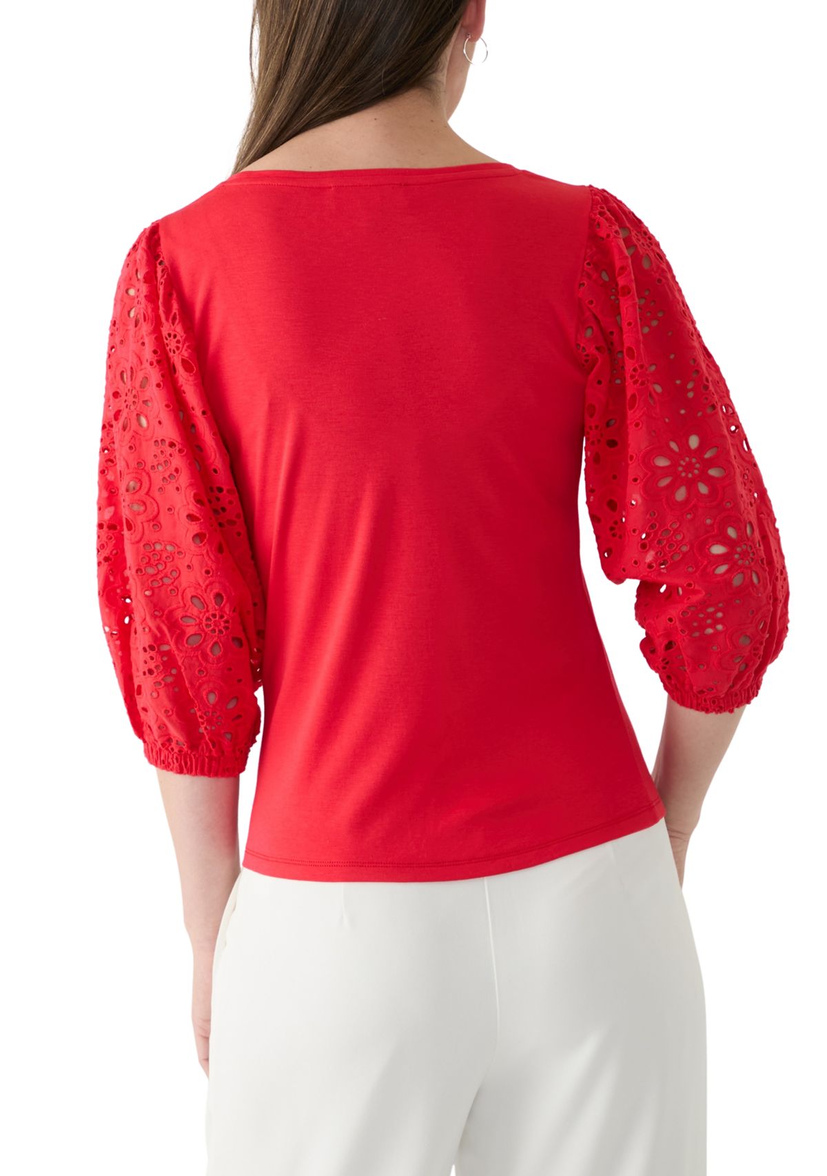 Womens 3/4 Sleeve Pleated Eyelet Knit Top